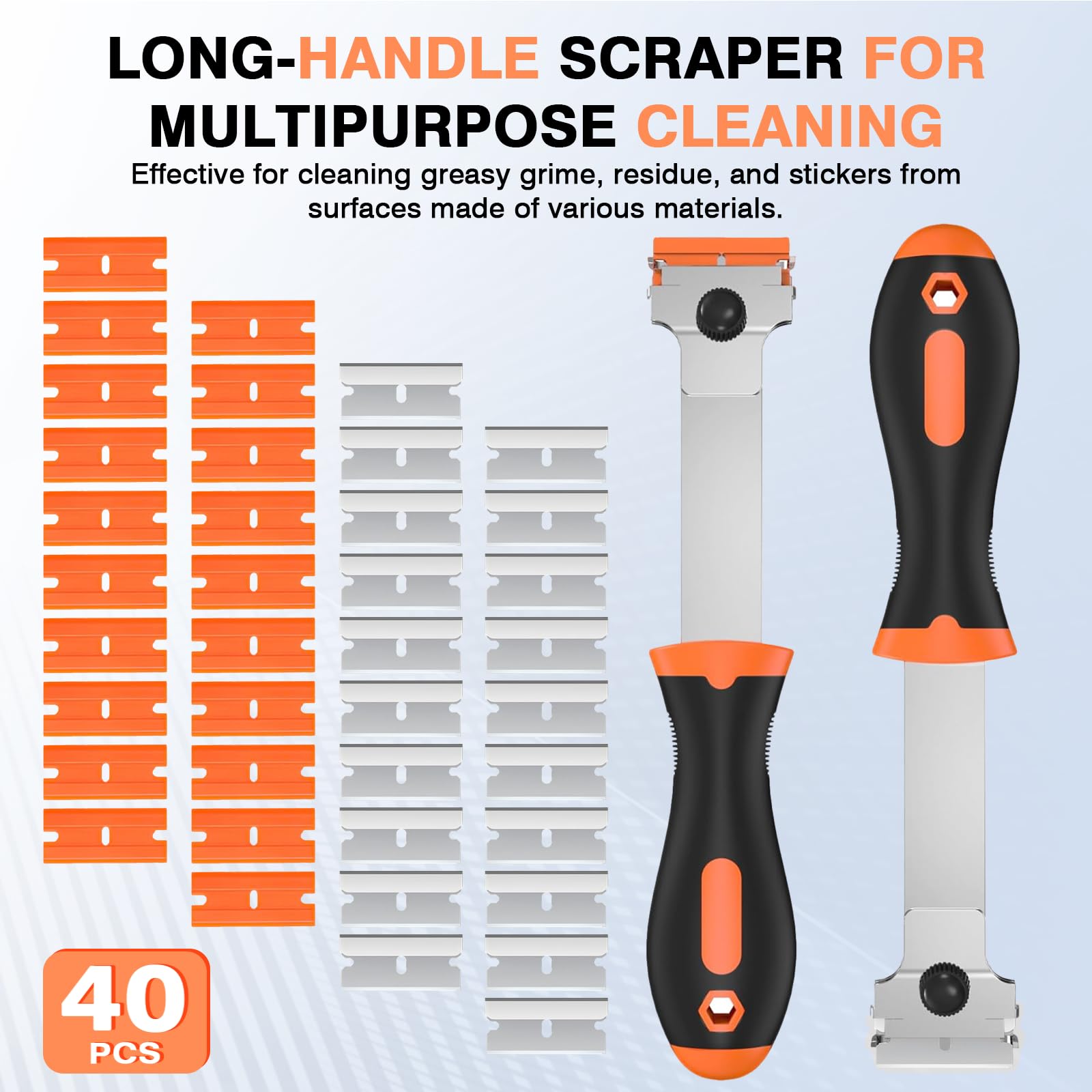 2 Pack Razor Blade Scraper Tool with 20 Metal & 20 Plastic Razor Blades, Multi-Purpose Long Handle Heavy Duty Scraper Tool for Cleaning Cooktop, Oven, Floor, Paint, Tile, and Window Glass — Amazon image 7