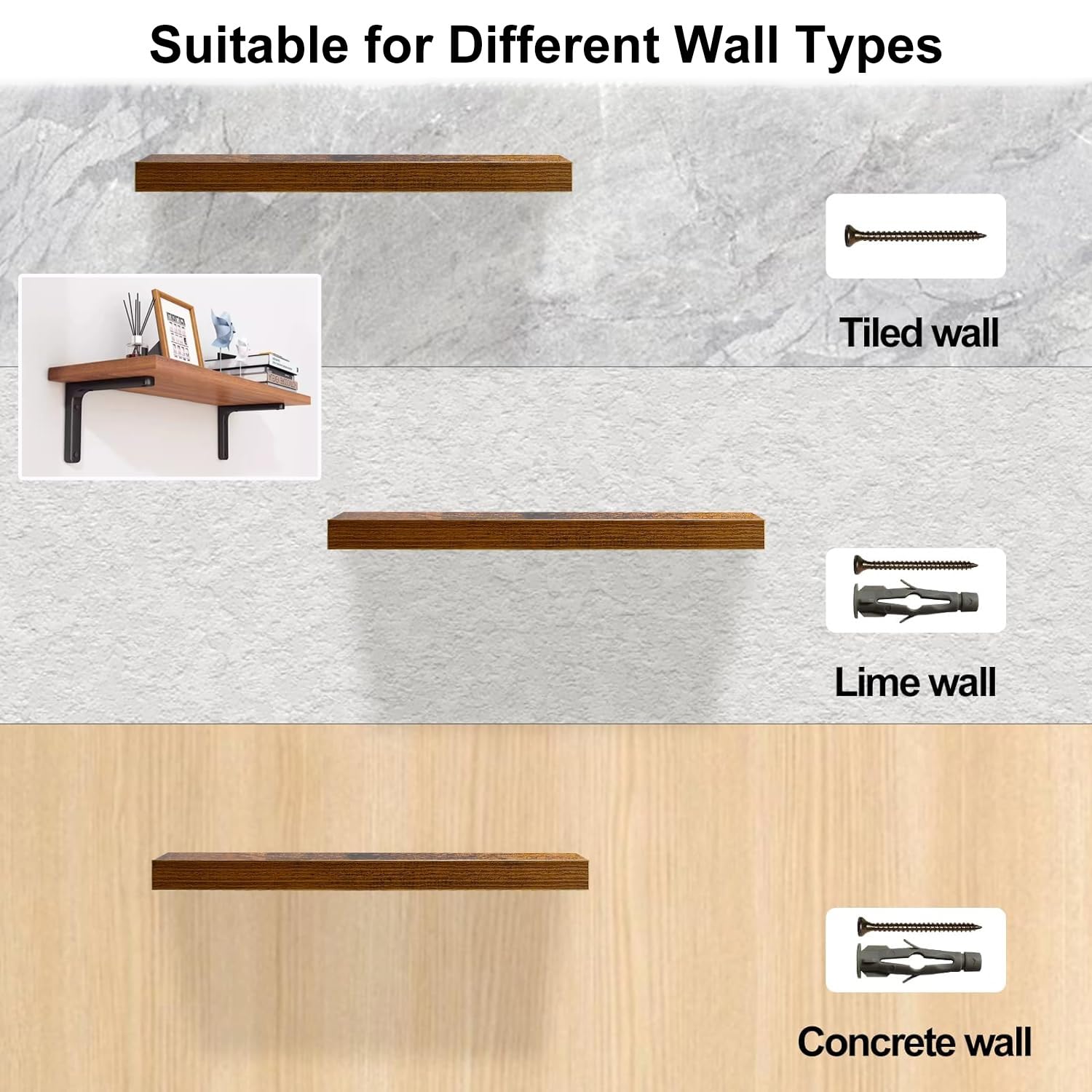 Scaffale sospeso in legno rustico da parete, perfetto per la decorazione della stanza, con staffe per cucina, bagno, camera da letto, soggiorno e ufficio