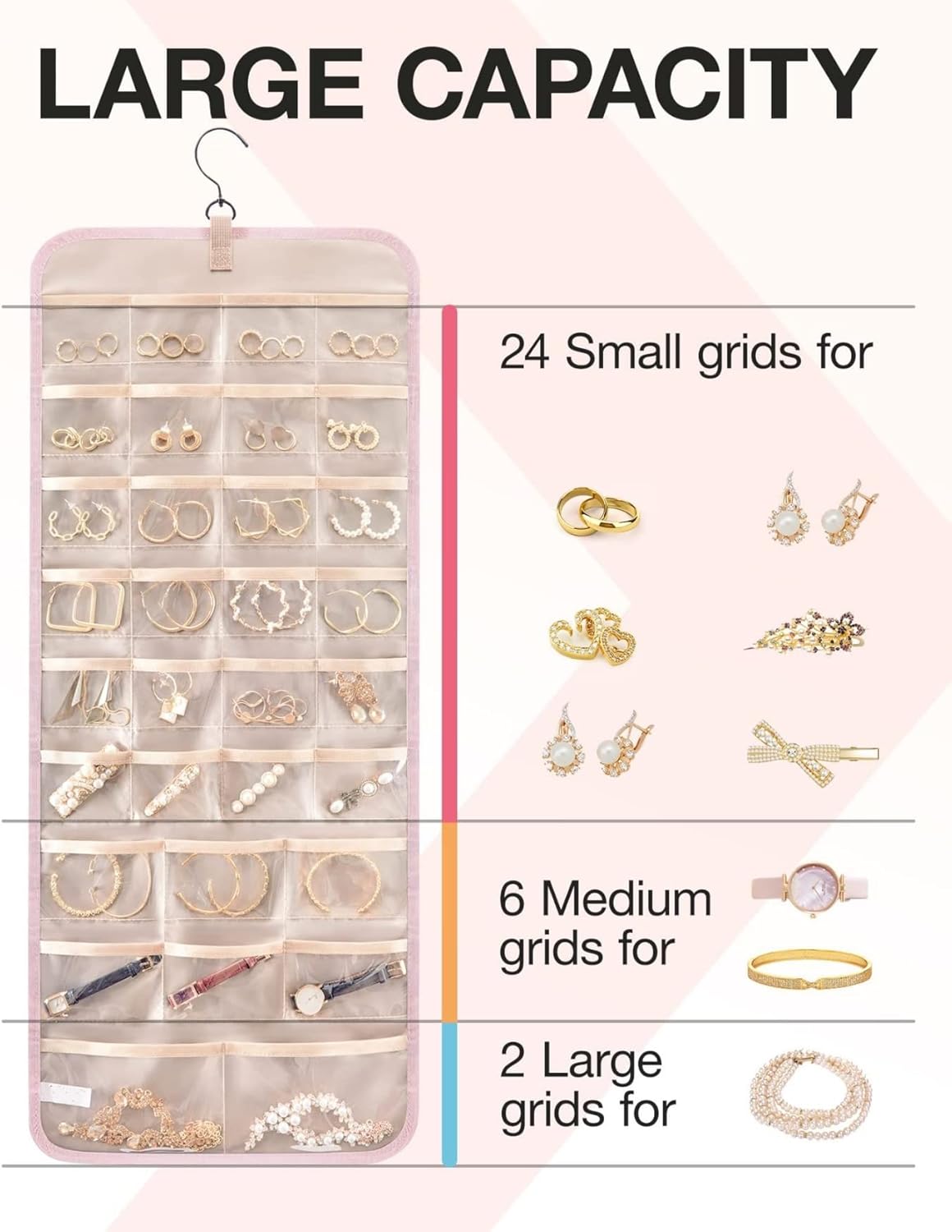 Wokyo Hanging Jewelry Storage Roll with Metal Hooks Double Sided Practical Large Capacity 32 Transparent Pockets to Hold 42 Necklaces Suitable for Earrings Necklaces Bracelets Rings (Pink)