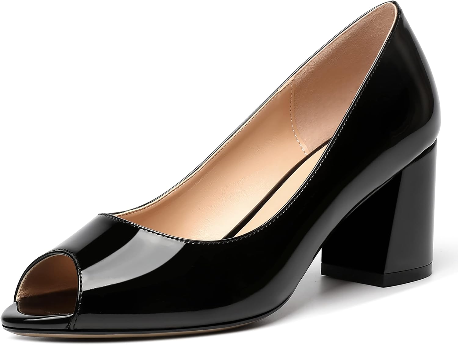 MOVINSTEPS Womens Slip On Dating Peep Toe Dress Patent Block Mid Heel Pumps Shoes 2.5 Inch