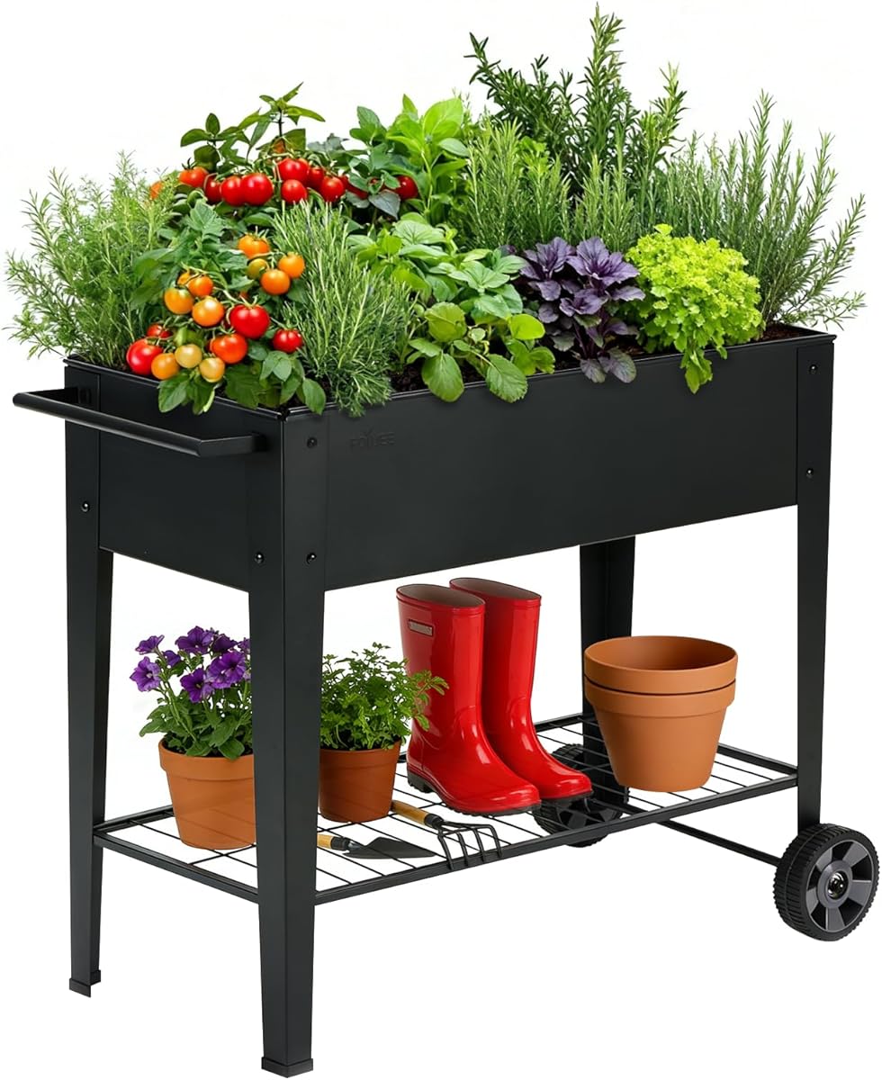 31.5" Tall Raised Garden Bed with Wheels, Extra 15.7" W Planter Box (400 lbs Loads) with Storage Shelf & Handle,Heavy Duty Metal Garden Planter for Vegetables, Herbs & Flowers, Patio & Balcony