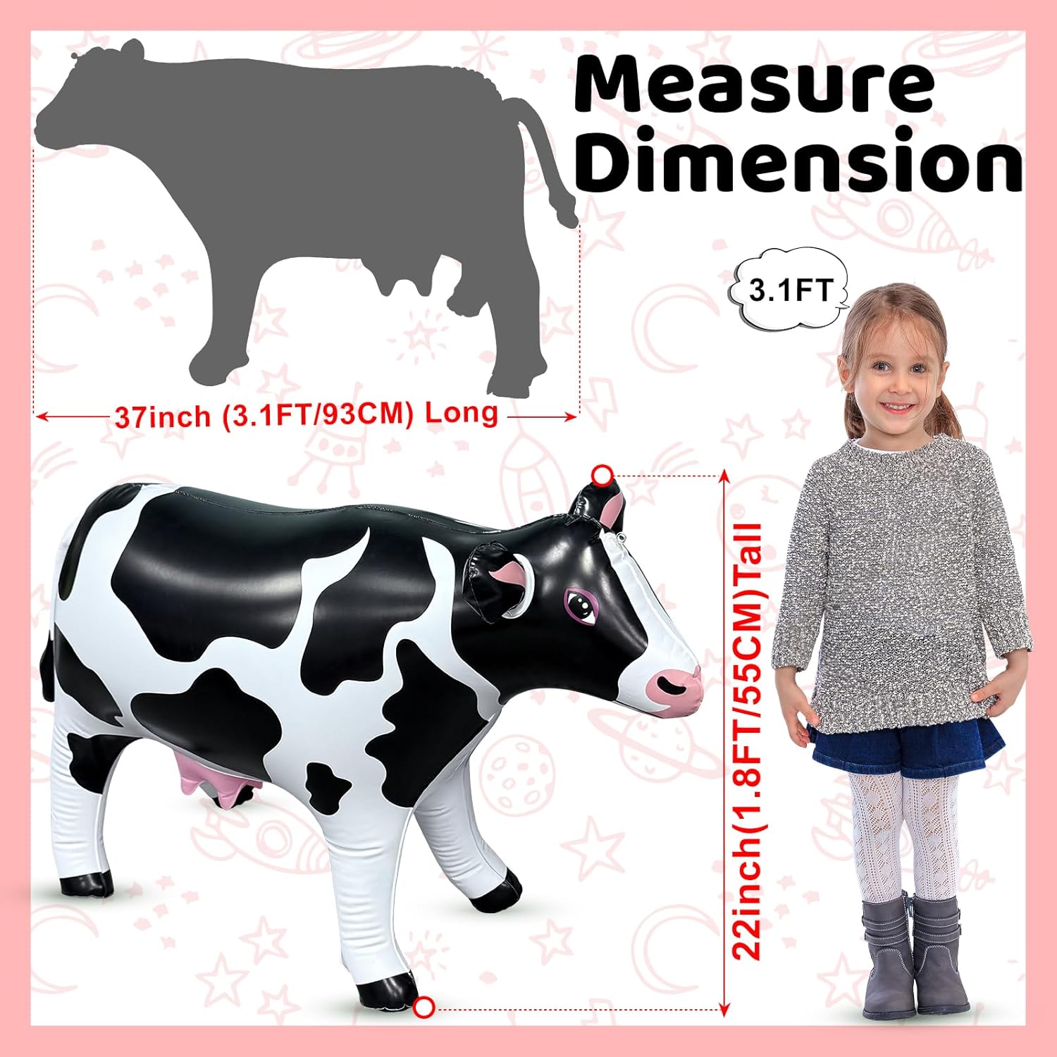 37" Long Inflatable Cow for Inflatable UFO 22" Tall Giant Cow Blow Up Decorations Animals Theme Outdoor Party Indoor Decor - Image 3