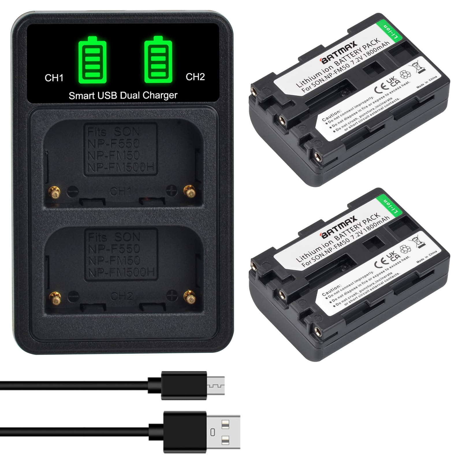 Batmax 2Pcs NP-FM50 Battery + USB LCD Dual Charger with Type C Port for Sony NP-FM30 NP-FM50 NP-QM50; HC1 TRV280 TRV350 TRV250 TRV19 TRV22 TRV27 TRV33 TRV460 TRV140 TRV17 TRV340 TRV38