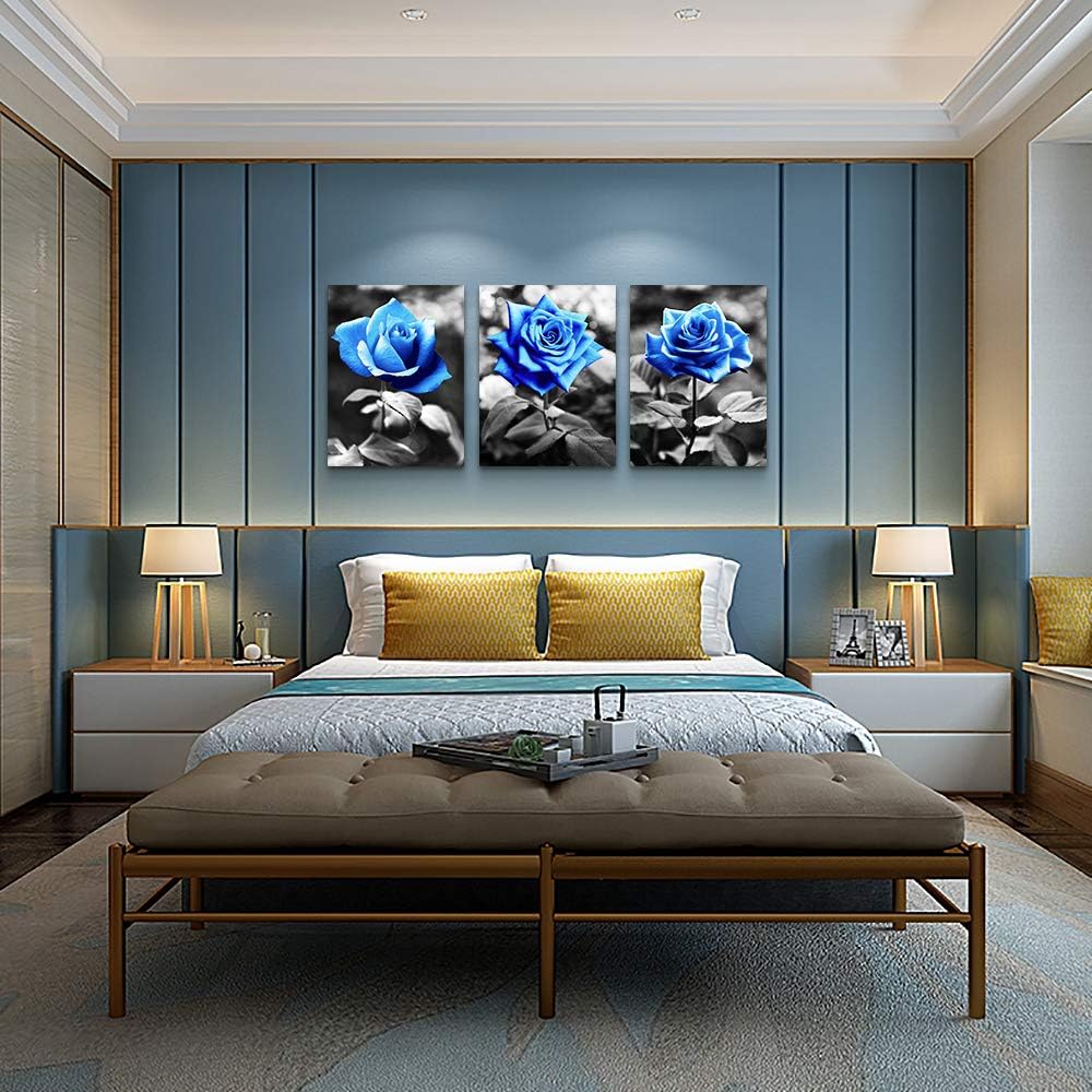 Lapremoly Wall Art For Bedroom Black And White Wall Decor For Living Room Kitchen Family Pictures Artwork Blue Rose Flowers Framed Canvas Paintings Ready To Hang Modern Office Home Decorations