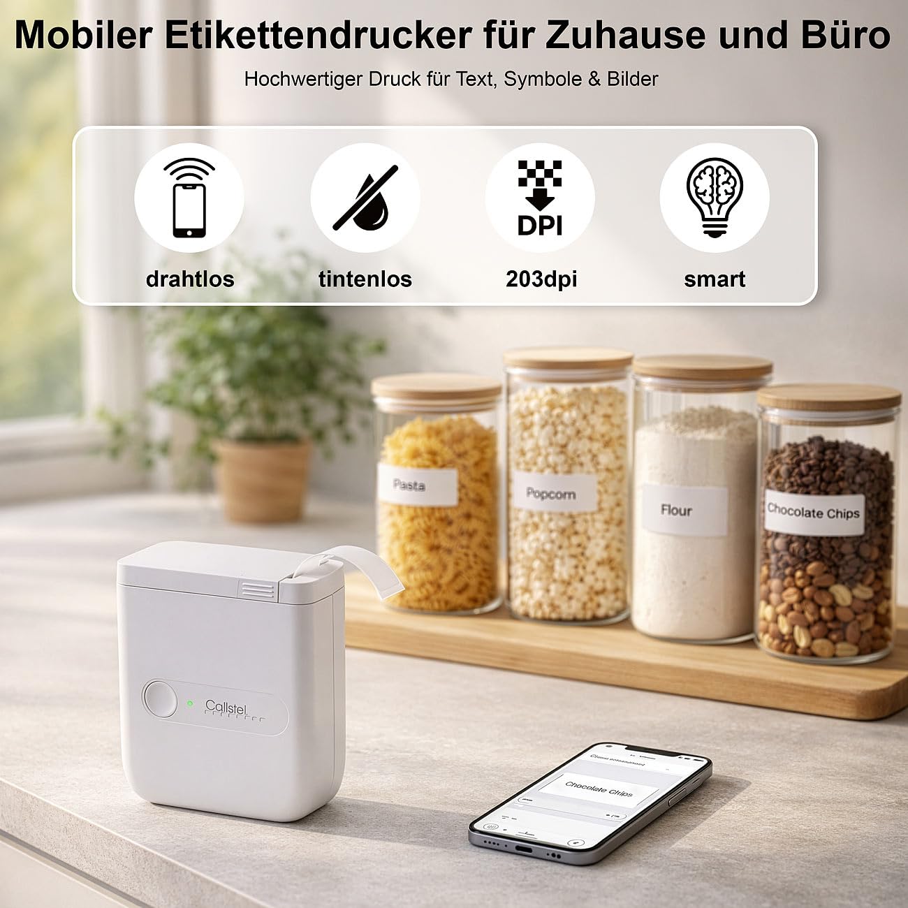 Callstel Etikettendrucker: Mobiler Akku-Thermo-Labeldrucker, 5 Etiketten-Rollen, Bluetooth, App (Etikettendrucker Android, Smartphone)