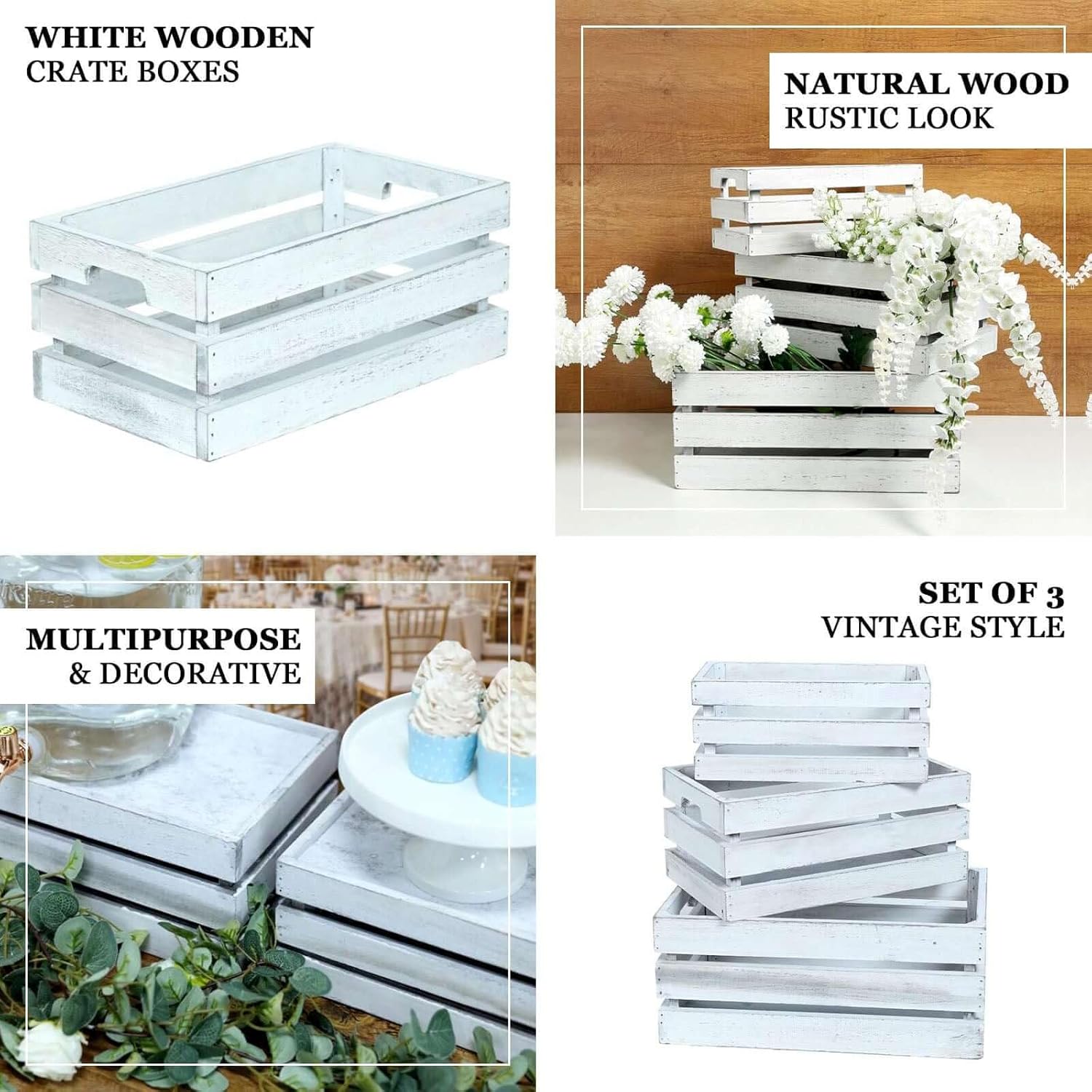 Efavormart Set of 3 Whitewash Wood Planter Crate Boxes with Plastic Liners, DIY Rustic Square Wooden Nesting Boxes for Farmhouse Table Centerpieces and Wedding Decor