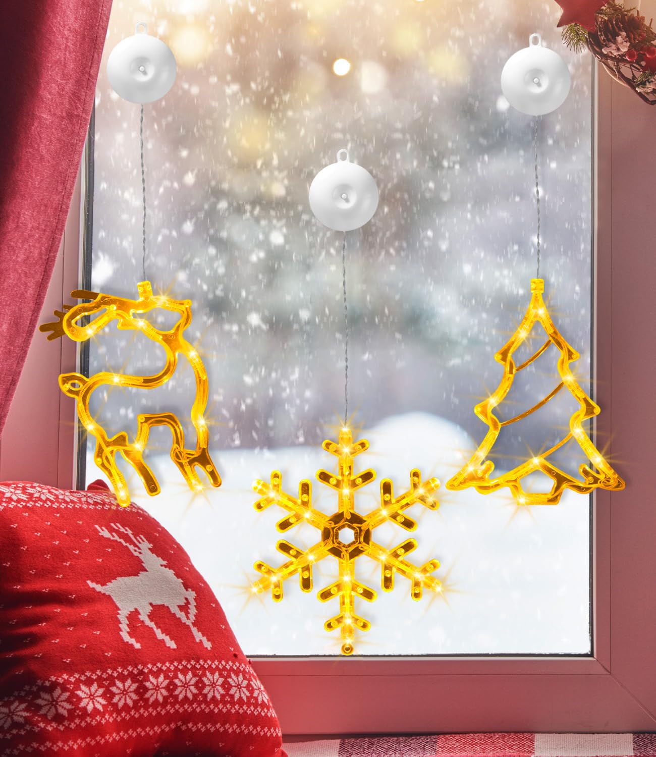 FAOKZE LED luces de Navidad, 10 LED luces de la ventana de Navidad con ventosas, las luces de hadas de la ventana de interior para la decoración de Navidad, balcón, fiesta, boda (3 piezas)