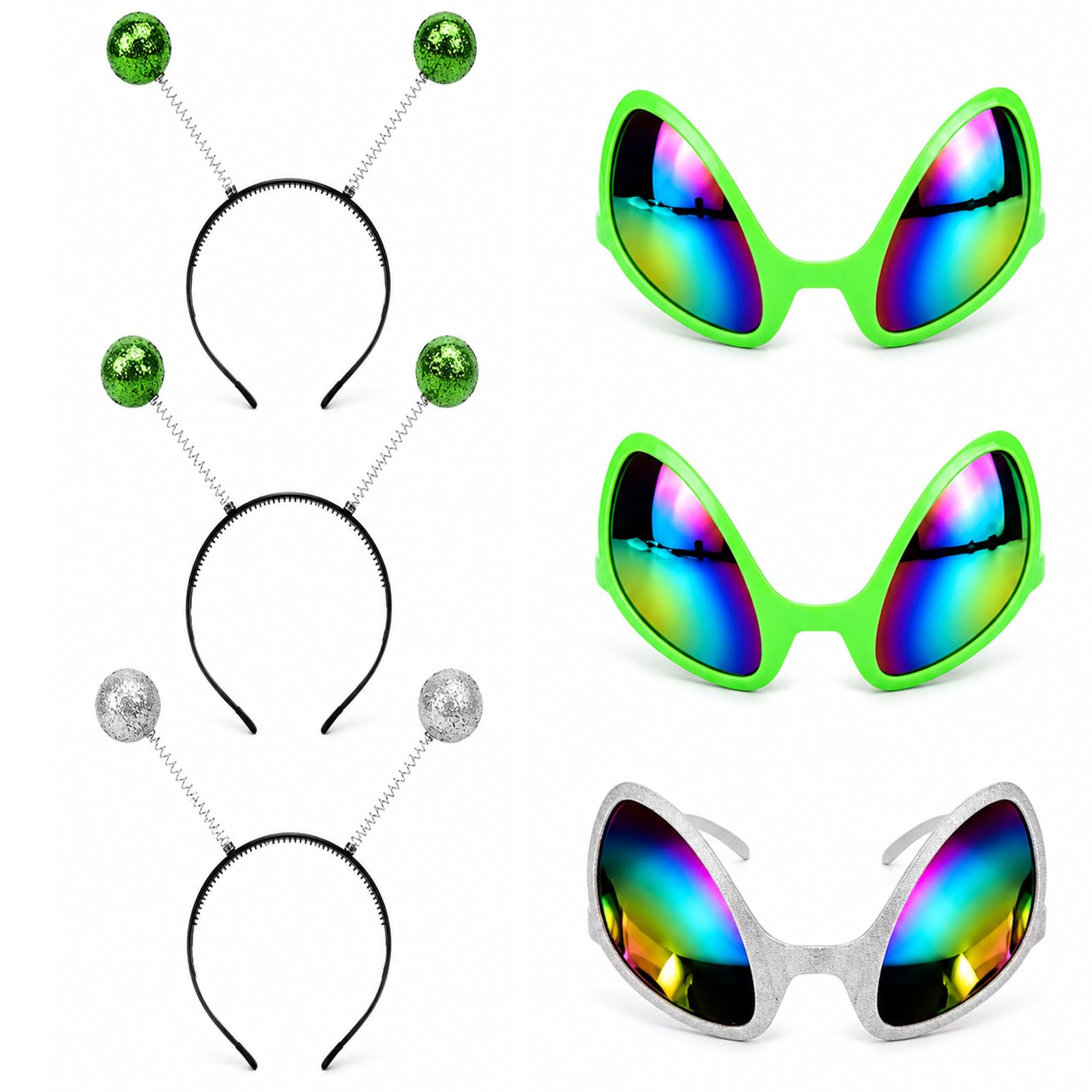 BLBATBK 6 PCS Alien Headband, Alien Glasses, Ideal for Halloween and Space themed Events, a Great Gift Option, Green & Silver