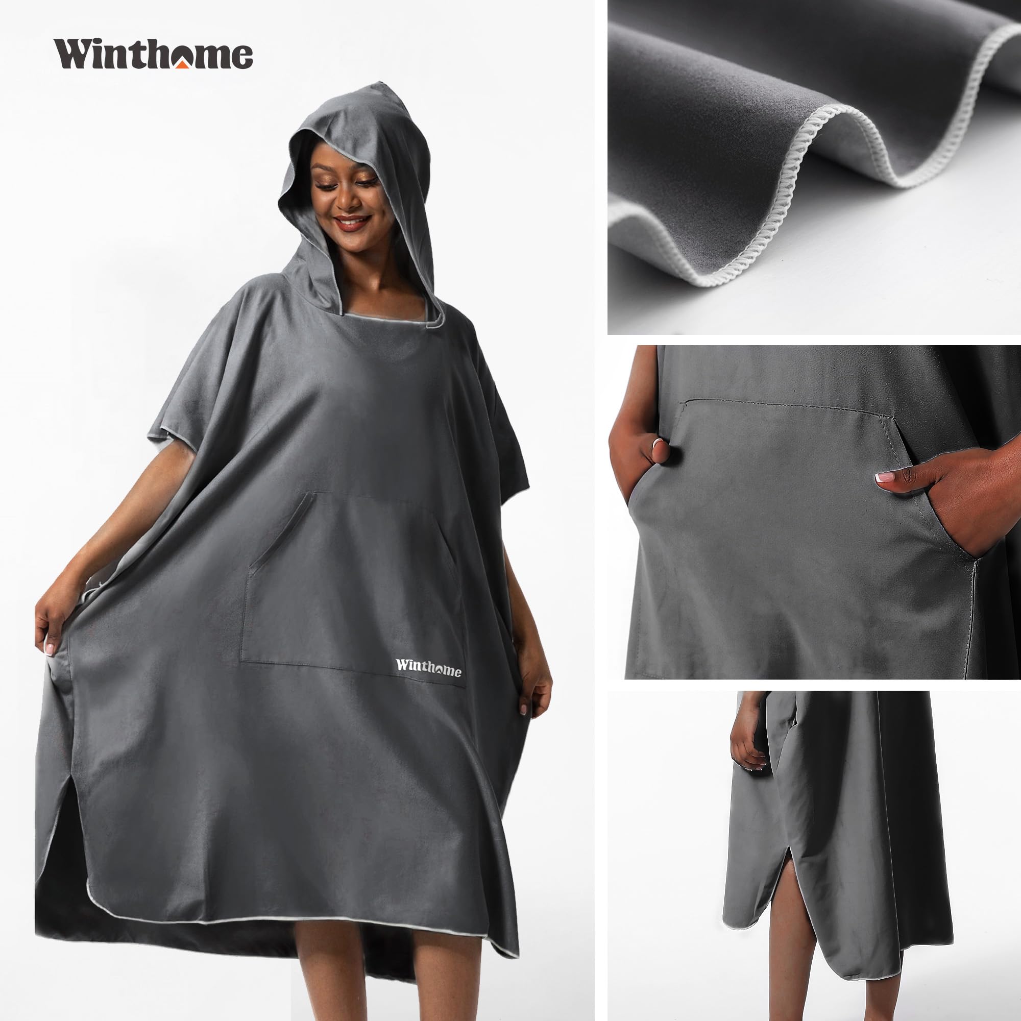 Winthome Poncho Surf Secado Rápido, Poncho Microfibra Ayuda de Cambio de Playa, Bata de Baño con Bolsillo y Capucha, Manta Poncho para Hombre Mujer, Natación Surf Playas Duchas, Viajes (Gris, M)