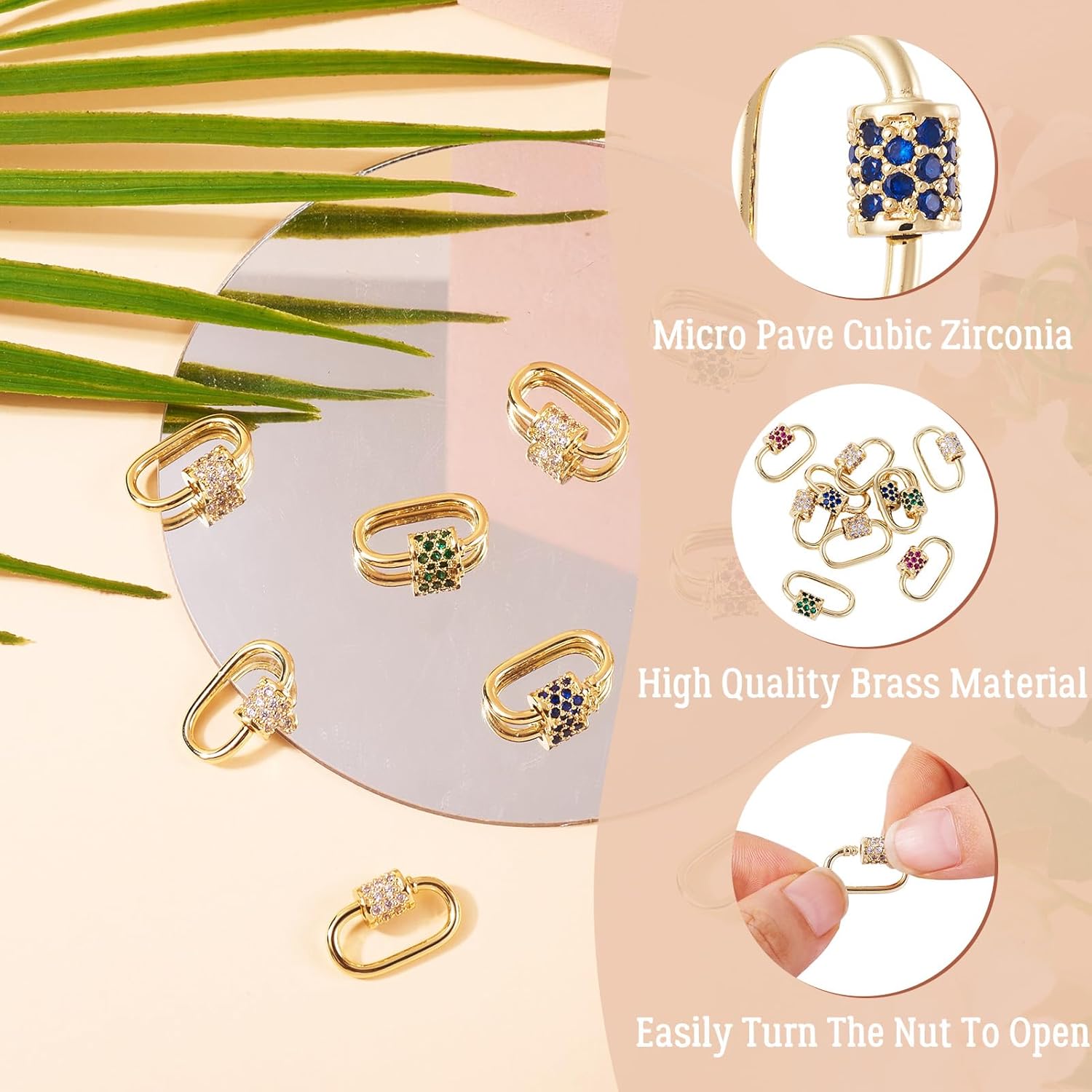 Beadthoven 10Pcs Oval Screw Carabiner Lock Charms 19x12x2mm Brass Cubic Zirconia Necklace Lock Clip Charms Small Metal Locking Carabiner Clasps for DIY Necklace Bracelet Keychain Jewelry Making - Image 4