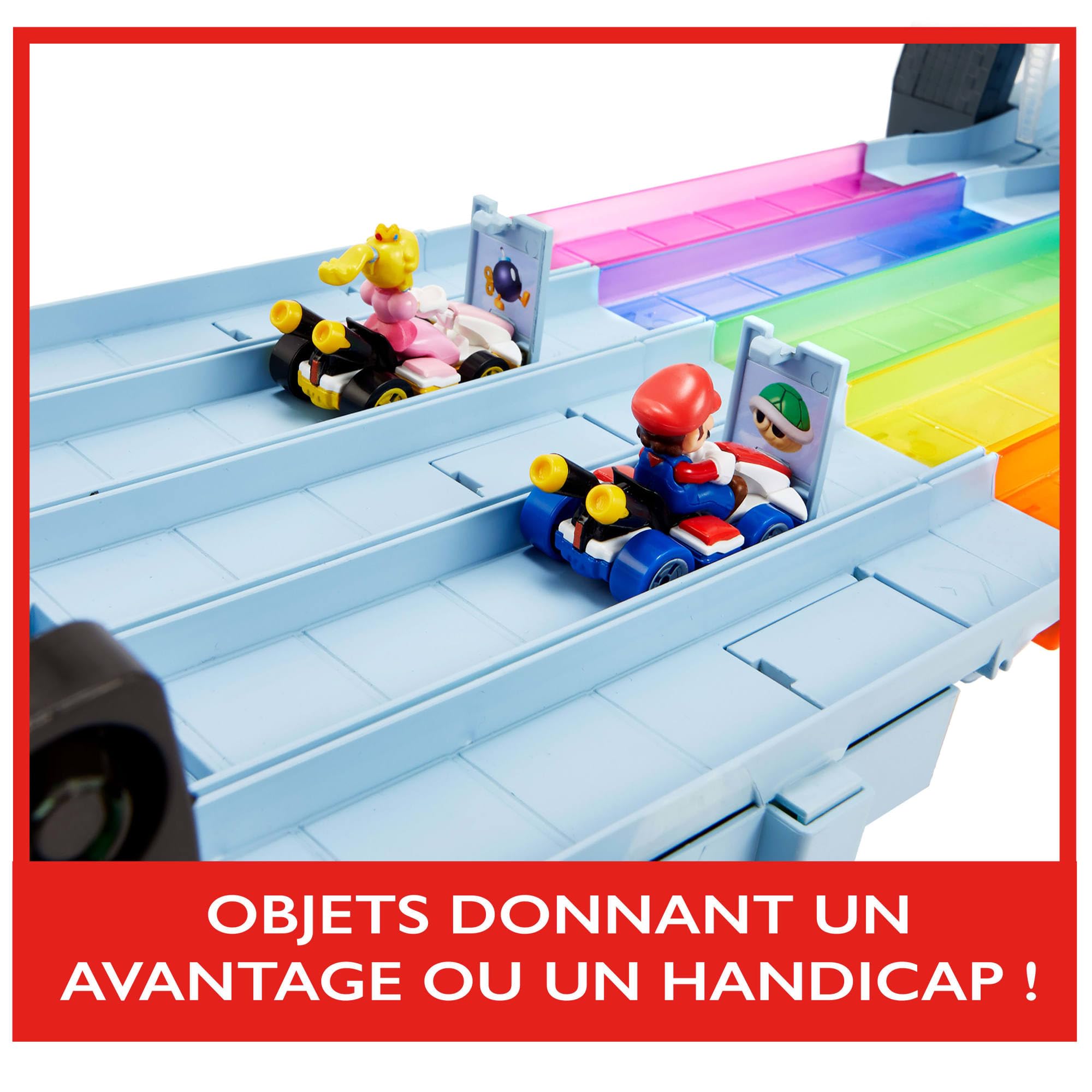 Hot Wheels Mario Kart Route Arc-en-Ciel Pistes de Course de 2,40m, 2 Mini-véhicules échelle 1:64 Inclus, Sons et lumières, Jouet pour Enfant, GXX41