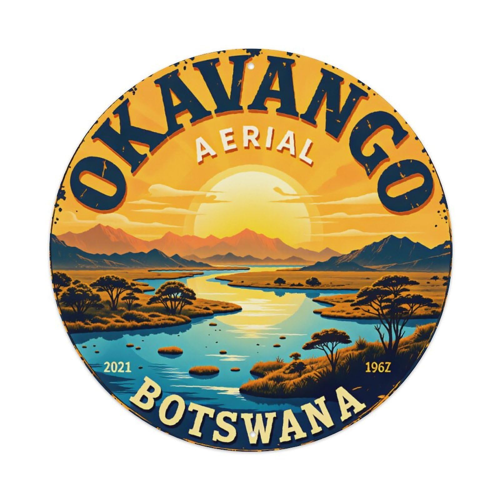 Ldfuieksufg Style Round Vintage Okavango Delta Botswana Wetland Sunset Metal Wall Sign Vintage Aluminium Metal Sign, Retro Wall Decor For Home, Bar, Garage & Farmhouse 20X20cm