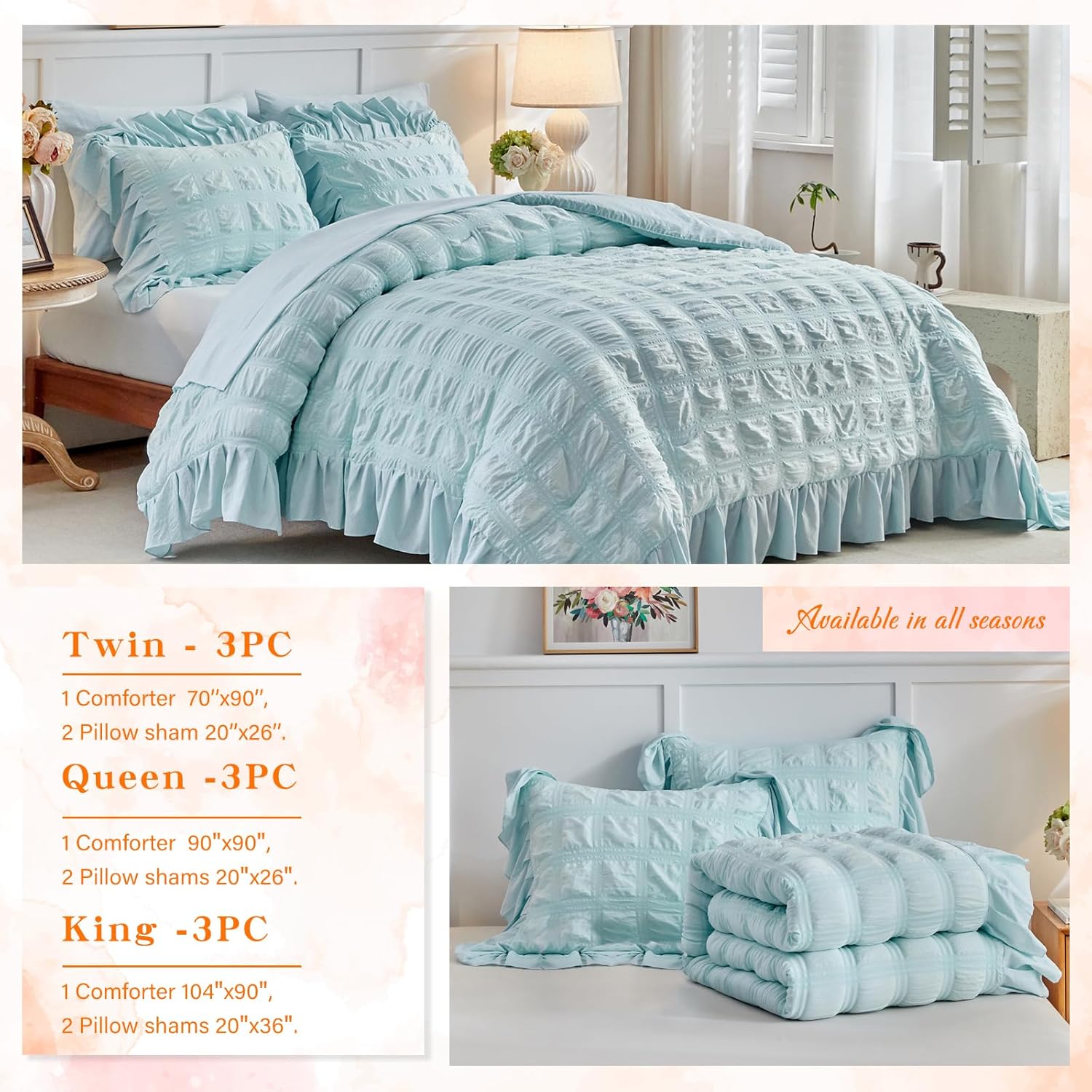Tititada Blue Plaid Seersucker Comforter Set with Ruffled Fringe Queen Size, 3 Pieces Soft Fluffy Farmhouse Bedding Set for All Season, Queen Bed Set with Ruffle Shams (Blue, Queen)