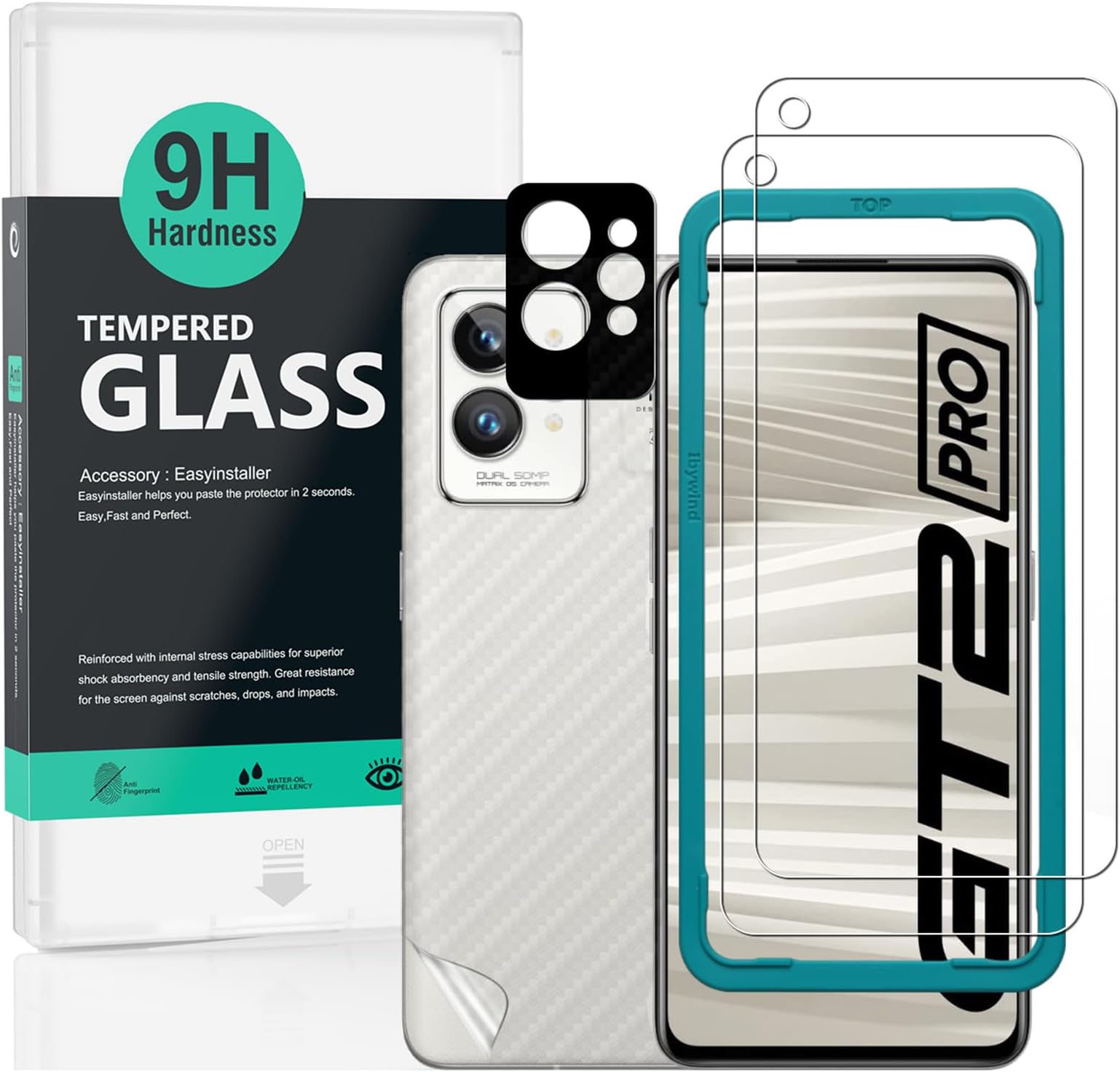 Ibywind Screen Protector For Realme GT 2 Pro 5G (6.7 Inches),with 2Pcs Tempered Glass,1Pc Camera Lens Protector,1Pc Backing Carbon Fiber Film [Fingerprint Reader,Easy to install]