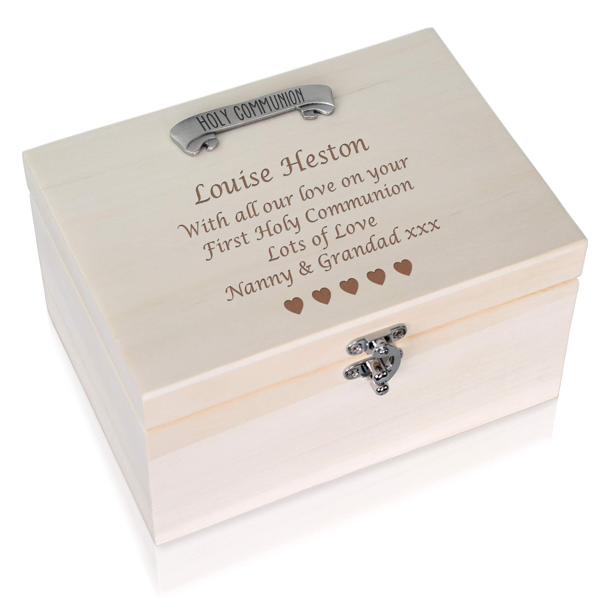 De Walden Girl's First Holy Communion Personalised Pine Keepsake Memory Box Gift with Pewter 1st Holy Communion Banner Feature For a Girl