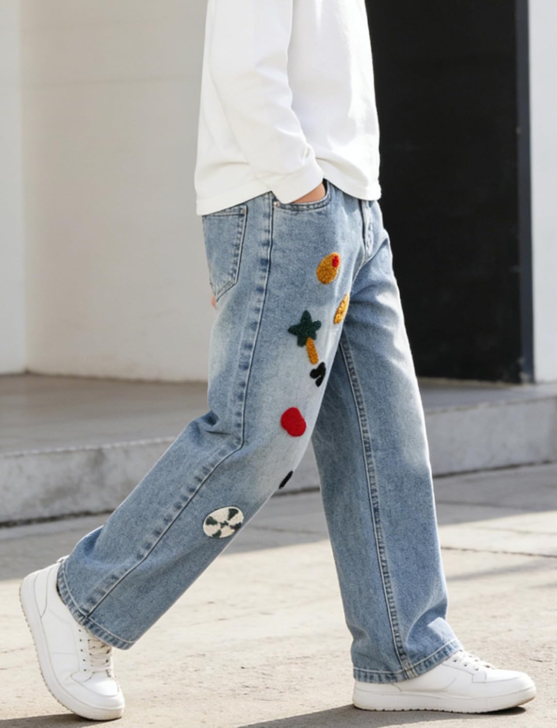 Boys Baggy Jeans Elastic Waist Loose Denim Pants Embroidery Wide Leg Trousers Fashion Straight Jeans 4-14 Years