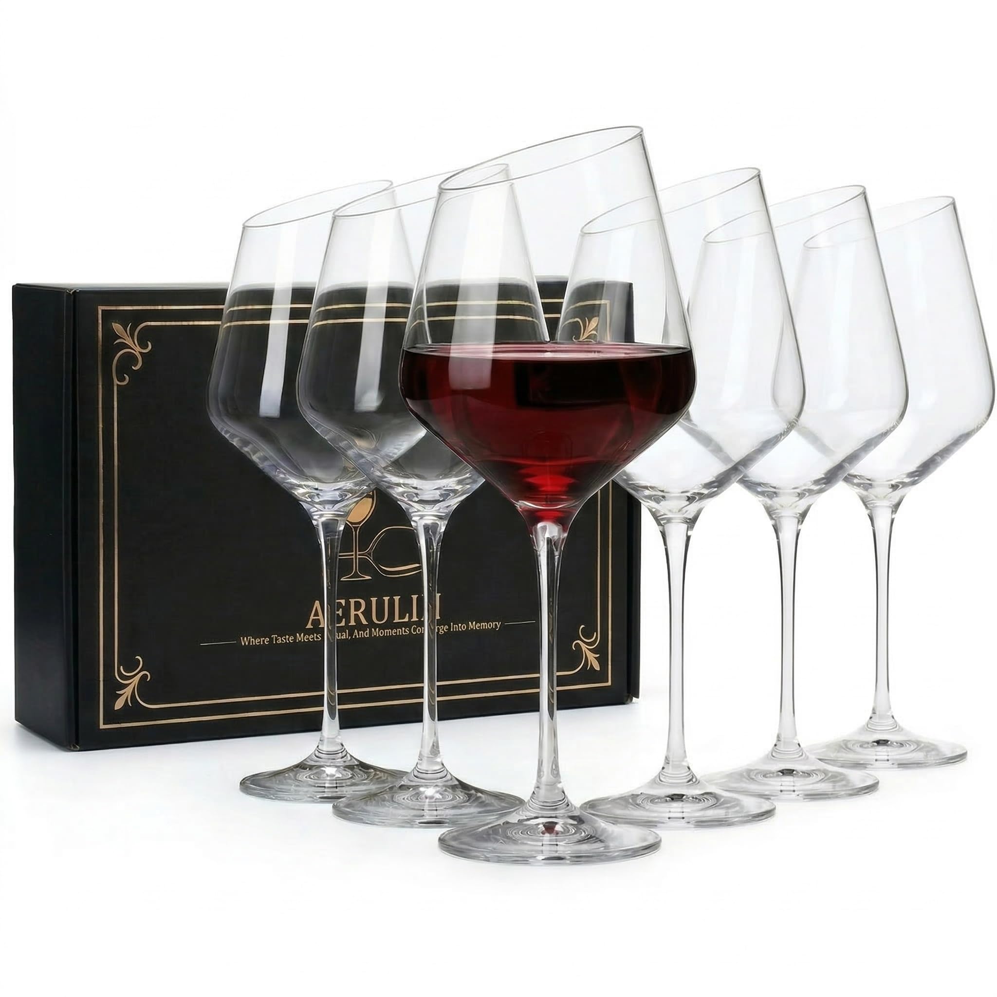 Juego de 6 copas de vino de cristal con borde inclinado, copas de vino tinto sopladas a mano, juego de copas de vino transparentes sin plomo, copas de vino grandes, regalo para mujeres y
