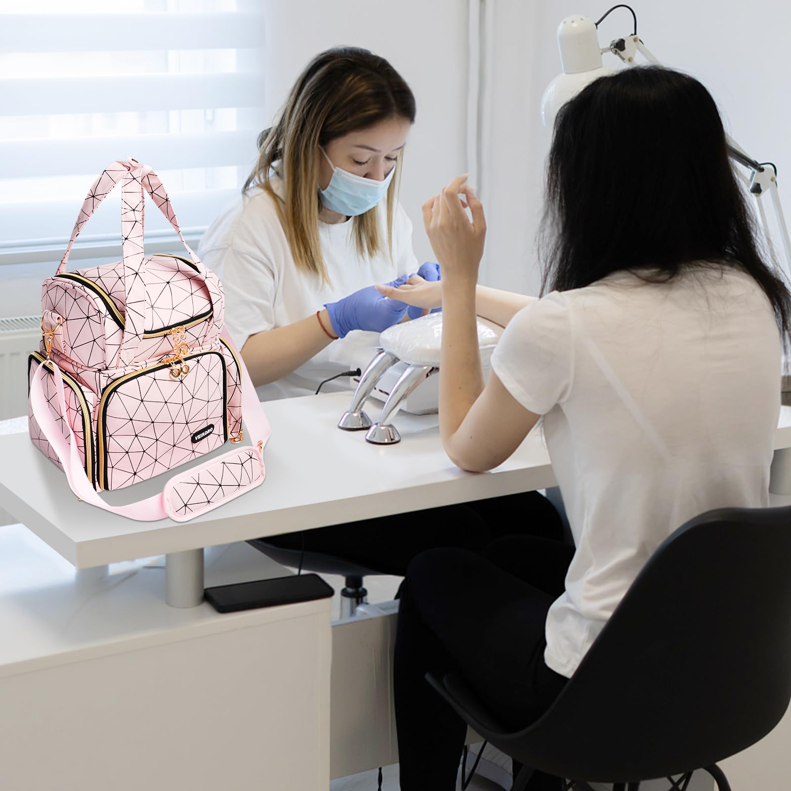 Veirdro Bolsa organizadora de esmalte de uñas, almacenamiento de hombro de piel sintética con 2 fundas extraíbles y lámpara de uñas, capacidad para 70 botellas, mochila de viaje portátil para