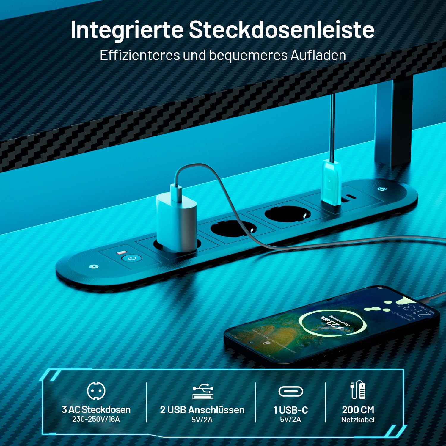 HLONONE Gaming Tisch mit LED & Steckdose, 140 x 60 cm, PC Tisch Schwarz | Computertisch mit Monitorständer, Typ-C-Anschluss & 2 USB-A-Anschlüssen, für Gaming und Büro