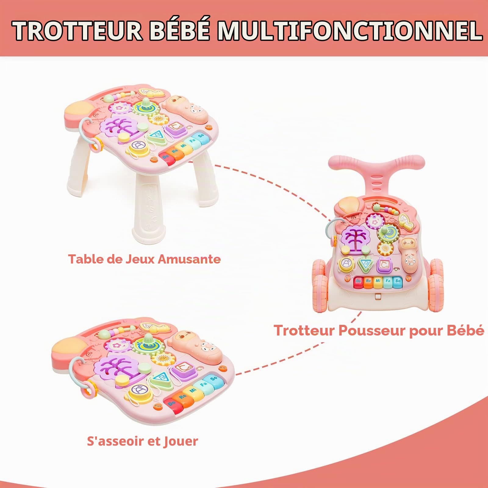 Trotteur Pour Bébé, Trotteur 2 en 1 Assis-debout, Trotteur avec Jouets Montessori et Tableau d'Éveil Détachable, Baby Walker avec Pneus en Caoutchouc, Trotteur pour Bébé à Partir de 6 Mois