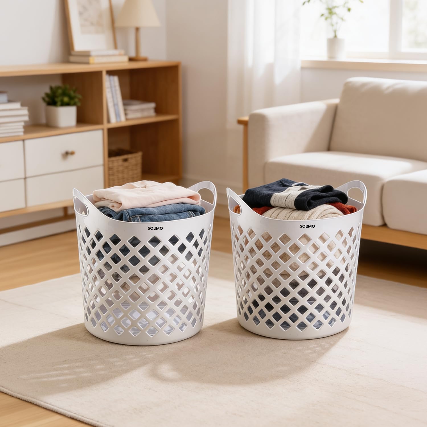 Amazon Brand - Solimo Diamond Basket (32L Each, Set of 2) | Durable Plastic Storage Baskets with Handles | Ventilated Open-Weave Design | Multi-Purpose Laundry & Storage Organizer | Grey-image-16