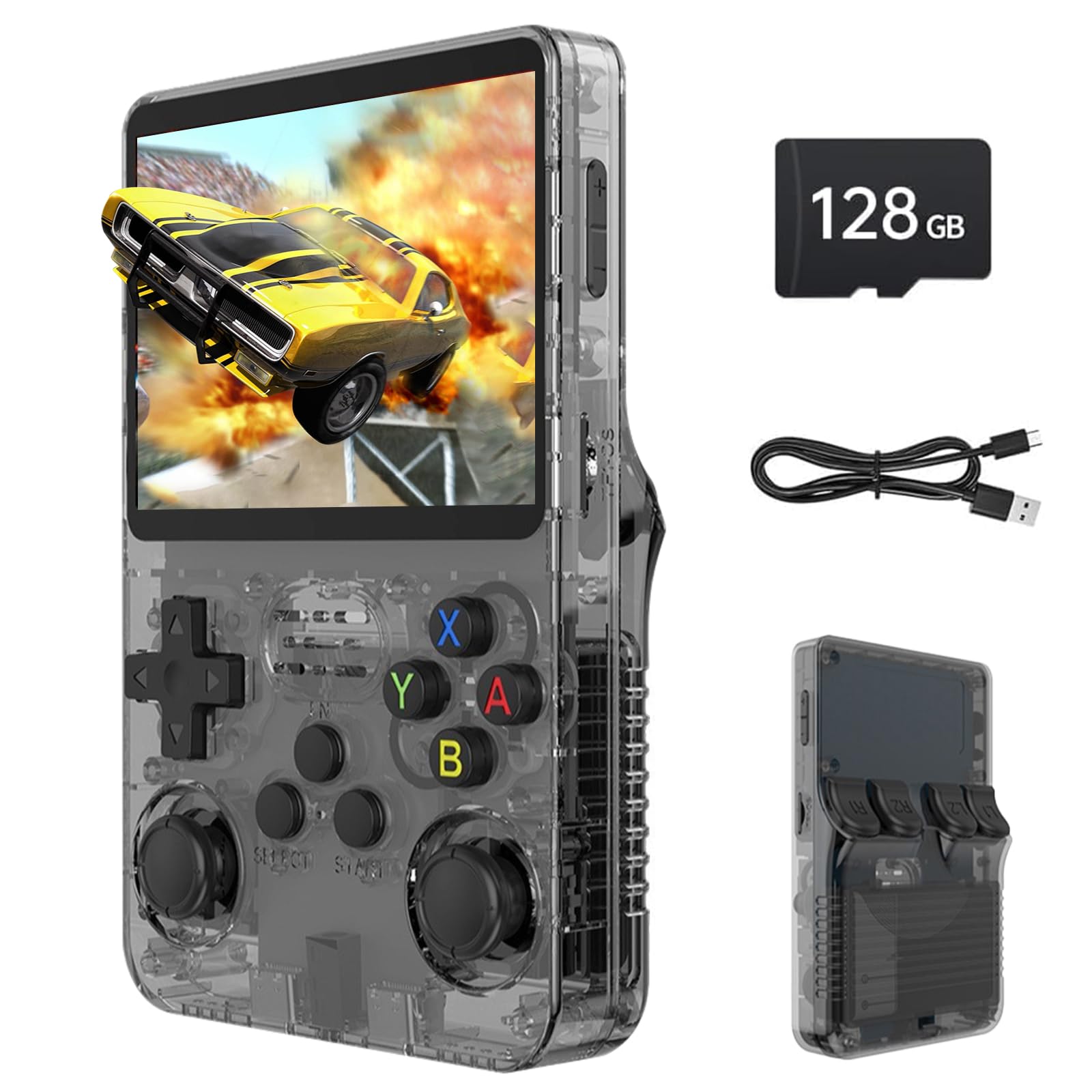 Febotak R36S - Console da gioco retrò portatile con schermo IPS da 3,5", 128 GB di memoria, oltre 40.000 giochi, basato su LINXU Open Source ARKOS, batteria da 3500 mAh (nero)