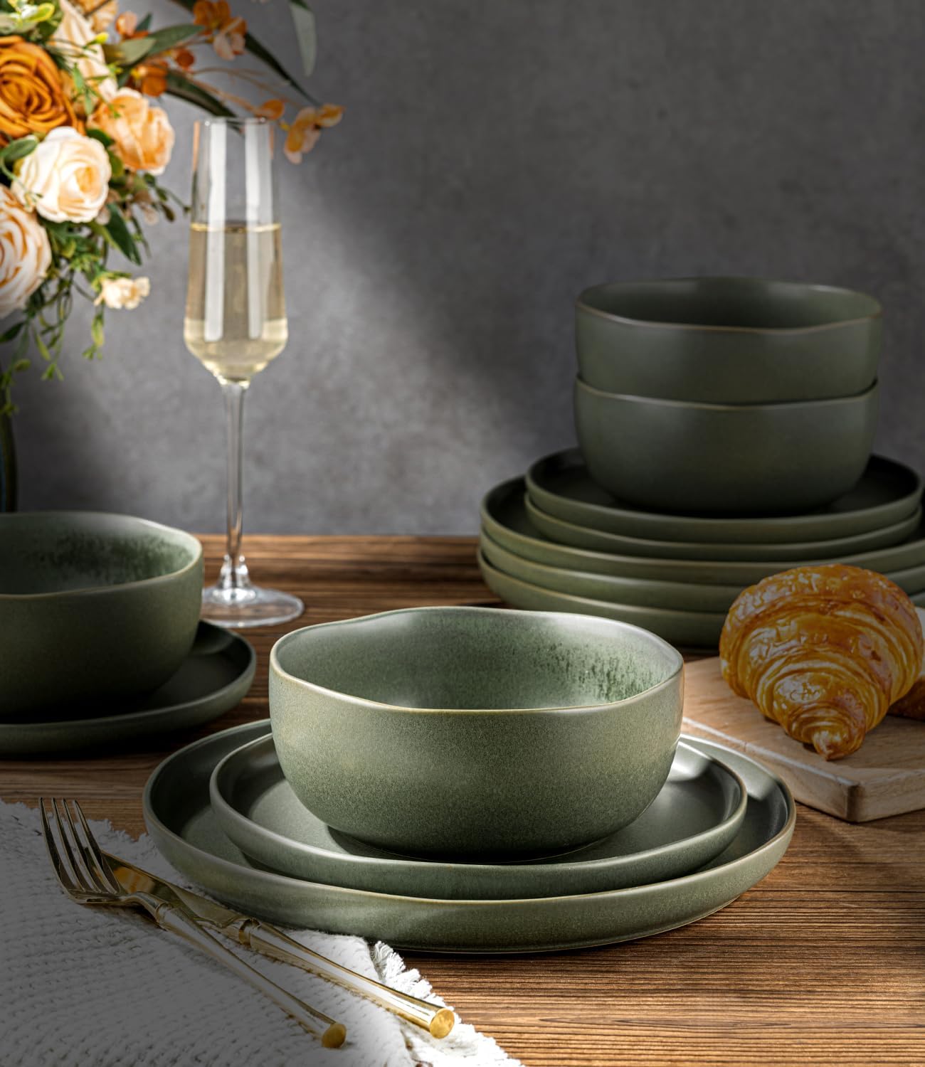 AmorArc Ceramic Dinnerware Sets, Wavy Rim Stoneware Plates and Bowls Sets,Dishwasher & Microwave & Oven Safe Dishes set, Service for 6 (18pc)