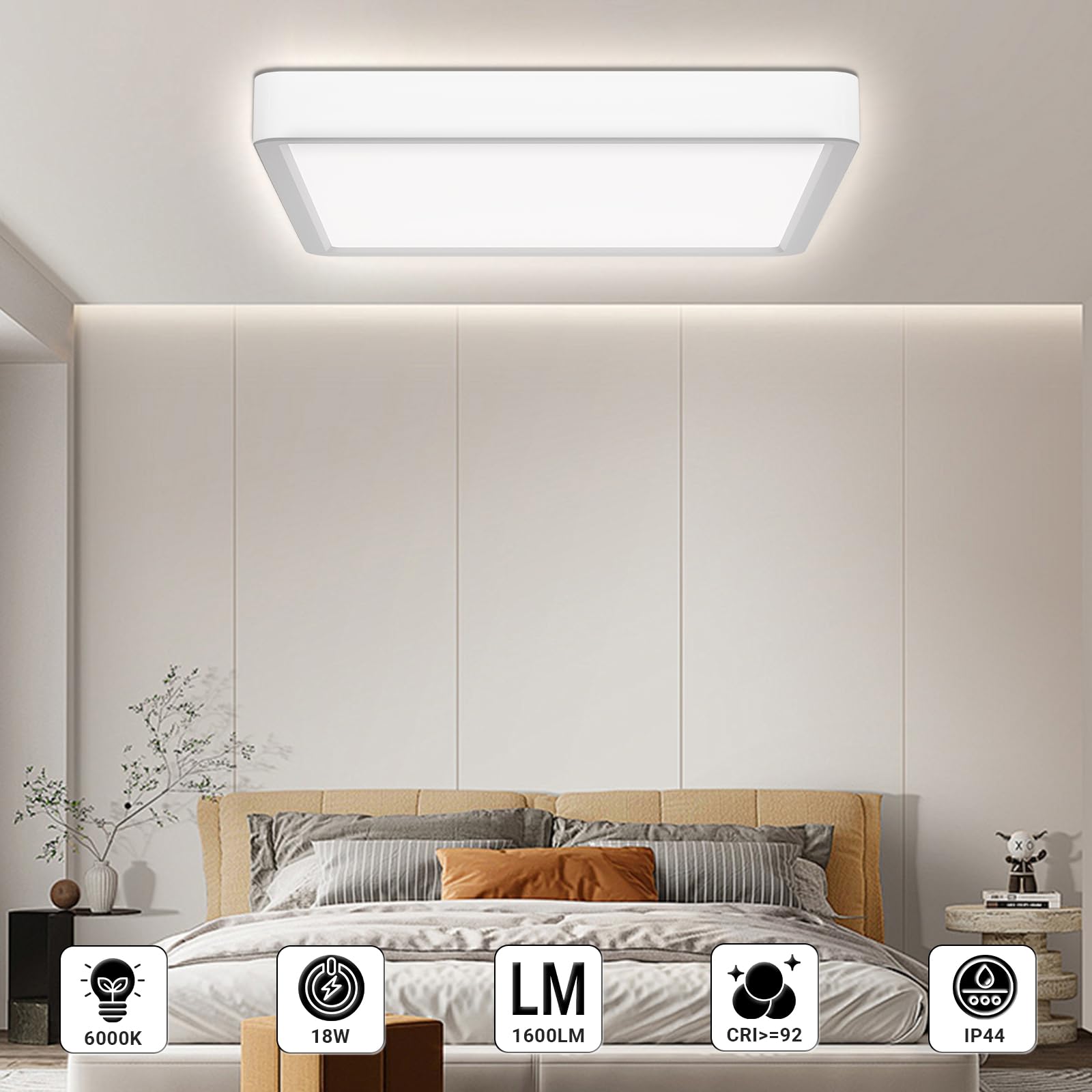 LQWELL® Plafoniera Lampada da soffitto a LED, IP44 Lampada da bagno impermeabile Quadrata piatta 18W 6000K 1600LM Sottile per soggiorno Bagno Camera da letto Cucina Seminterrato Ufficio, 220 * 24mm