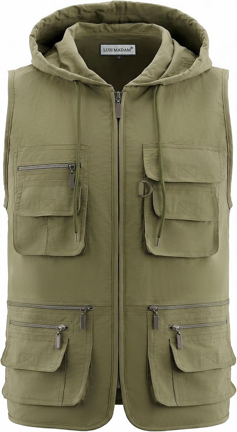 Men's Hooded Lightweight Multi Pocket Photo Travel Hiking Safari Hunting Fishing Cargo Outdoor Vest