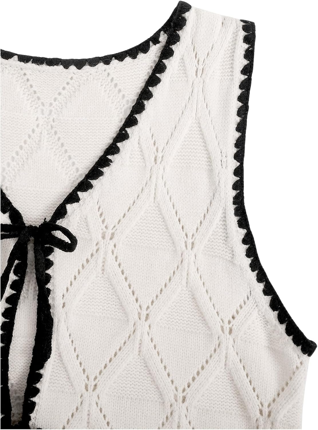 Verdusa Women's Old Money Bow Tie Crochet Sweater Vest Contrast Binding Knot Front V Neck Knit Top - Image 5