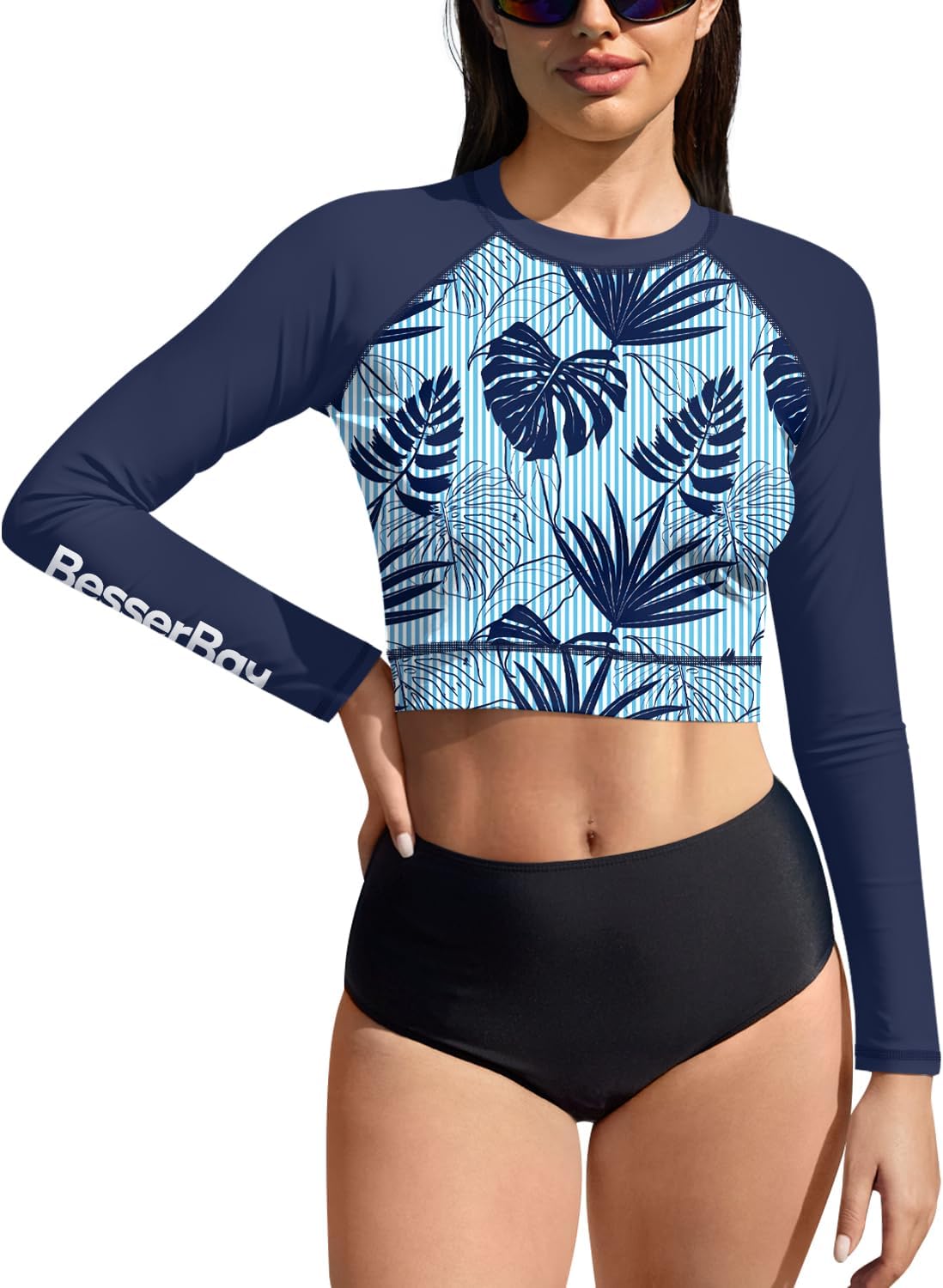 Women Summer Crop Swim Swimming UPF Rash Guard Sunscreen Sun Guard Long Sleeve Swimsuit Navy Blue Tropical Leaves M
