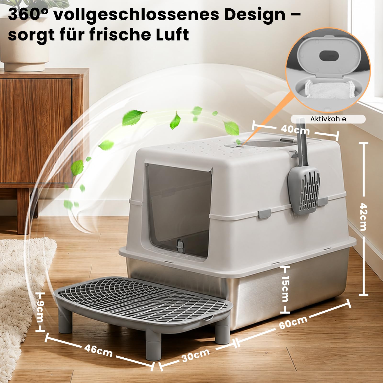 XXL Edelstahl Katzentoilette mit Deckel - 60x43x40cm Großes Katzenklo geschlossen, 120° Klappdeckel, Auslaufsicher für Stehpinkler & Große Katzen, inkl. Streu-Treppe & Schaufel, Grau