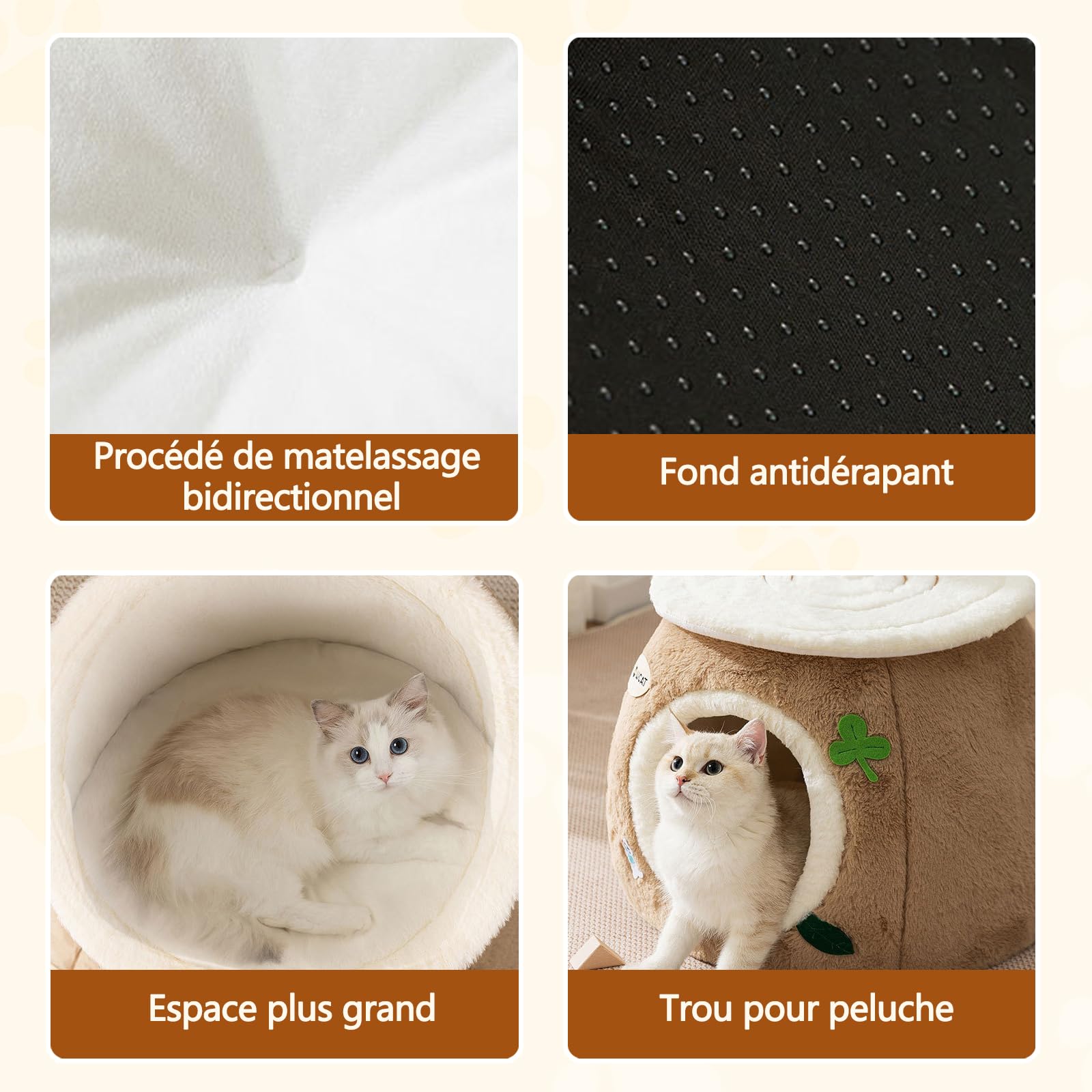 Galatée Niche pour Chat, Lit en Peluche Ultra Doux avec Dessous Antidérapant, Niche pour Chien Au Design Mignon Et Dessin Animé, Nid Spacieux, Tipi pour Chat Chaud Et Confortable(L, Marron)