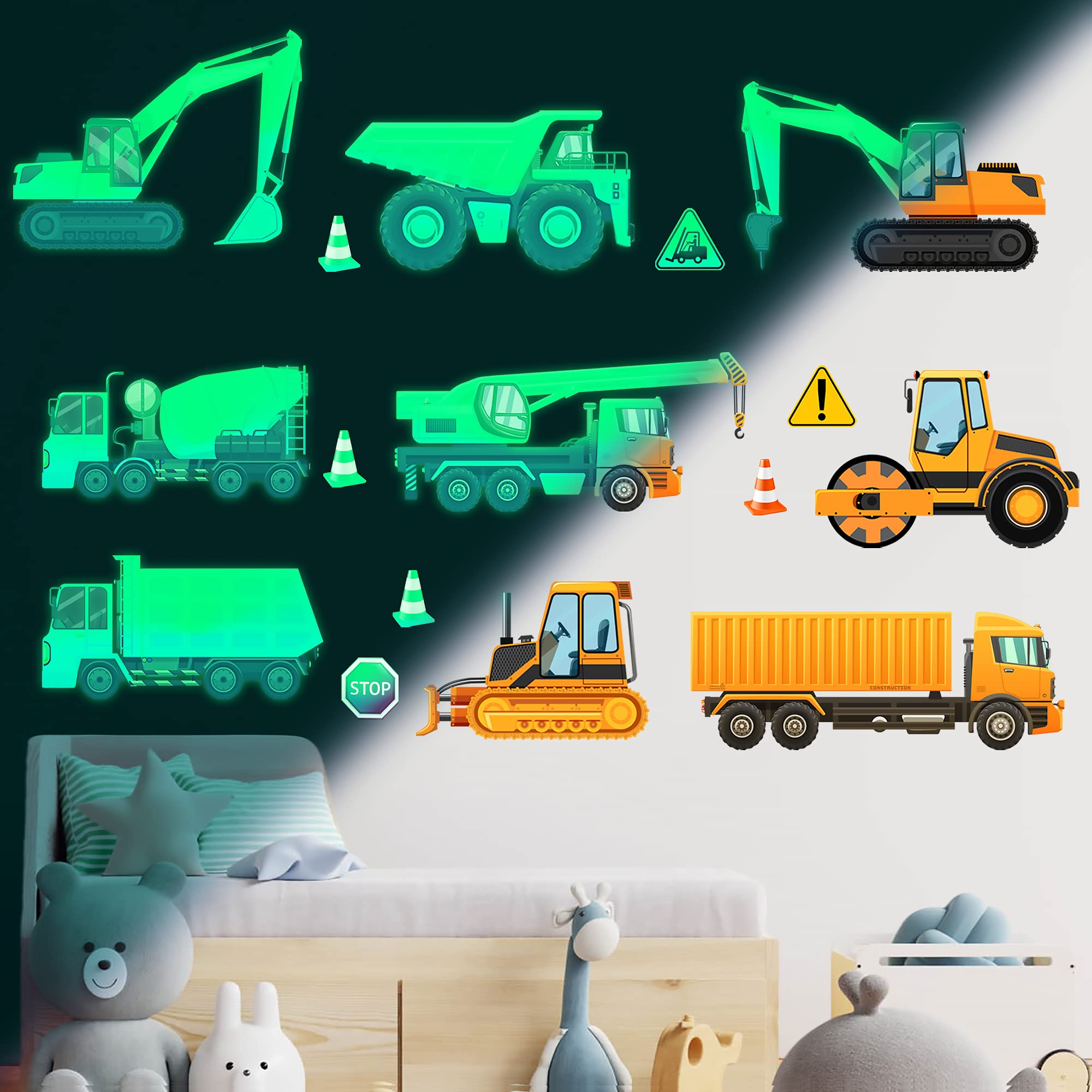 Construction Wall Sticker Glow in The Dark Wall Decals Truck Car Transports Decals Peel and Stick Removable for Baby Kids Boys Girls Bedroom Living Room Ceiling Nursery Decor…