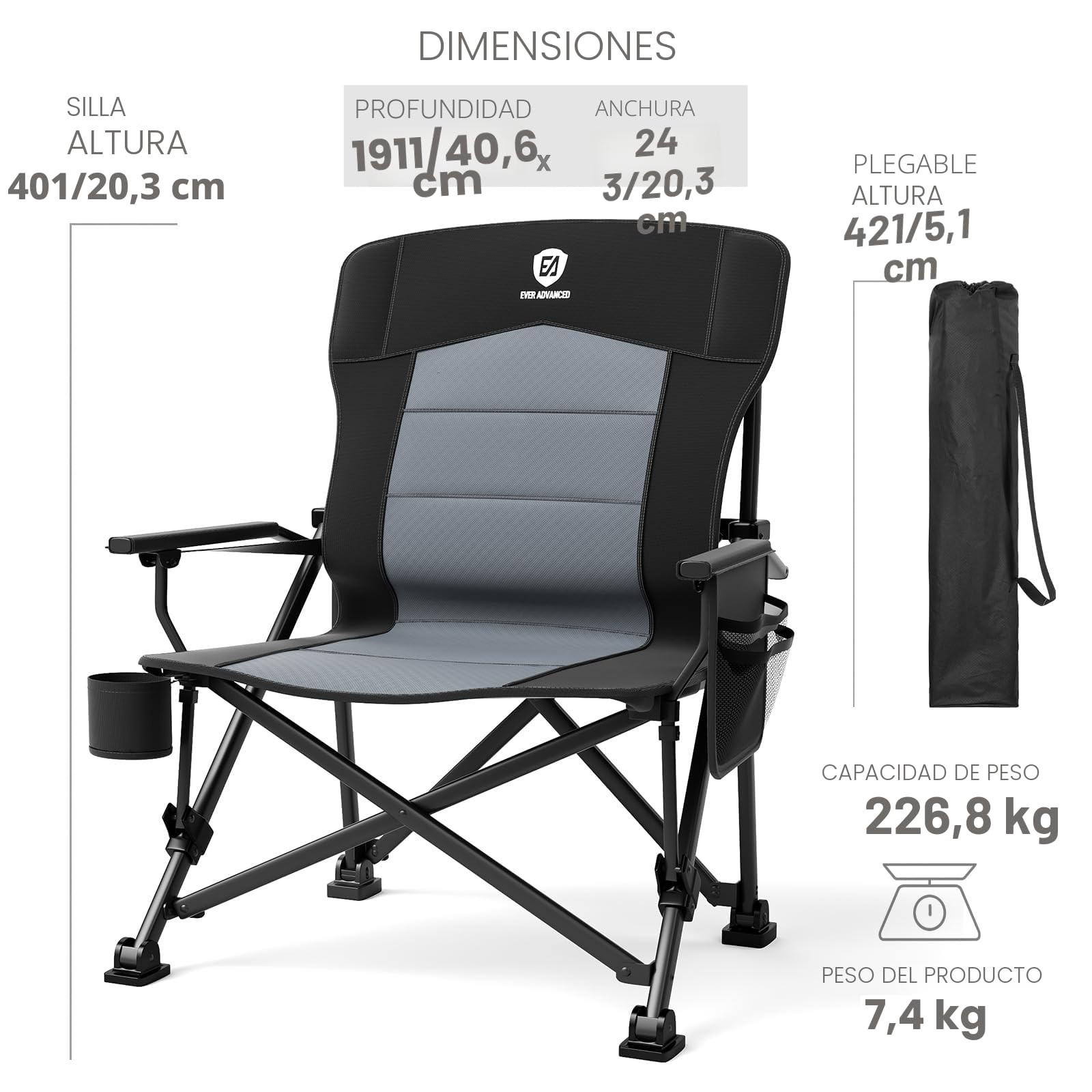 EVER ADVANCED Silla de Camping Plegable, soporta 230 kg, XL, Soporte Lumbar, Silla Plegable de 62 cm de Ancho con Bolsillo Lateral, Soporte para Bebidas, Silla Plegable de Gran tamaño, Silla de Pesca