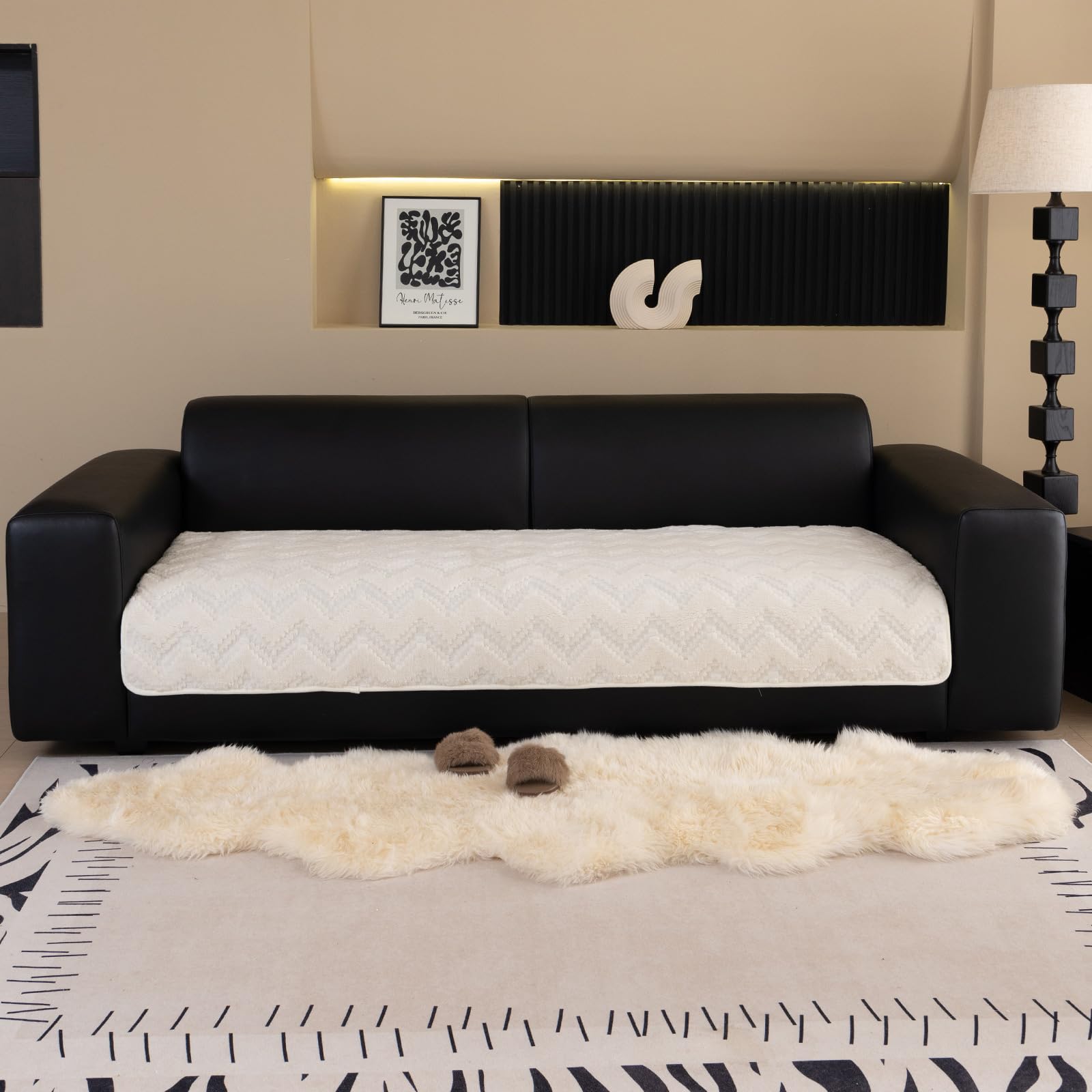 MDSASFD Sherpa Couch Cover V-Wavy Sofa Cover for Sectional Sofa, Fleece Couch Covers Washable for Dogs, Sofa Slipcovers Non Slip Protector for L Shaped(Beige White, 36