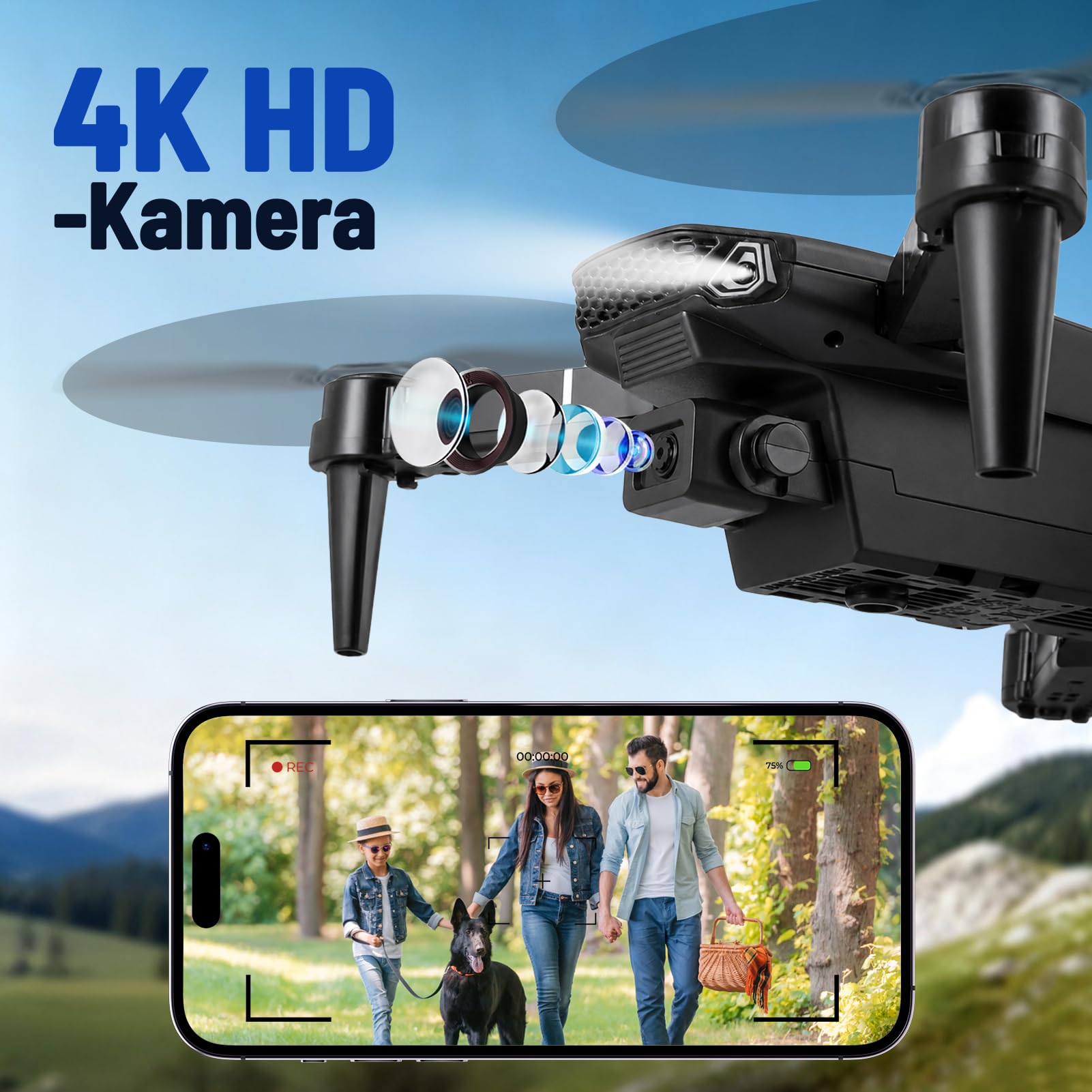 Drohne mit Kamera HD 4K,RC Faltbare FPV WiFi Live Ãœbertragung Drohne für Kinder Anfänger,2 Akku Lange Flugzeit,Headless Modus,Flugbahnflug,Hindernisvermeidung,One Key Start/Landen,Headless Modus