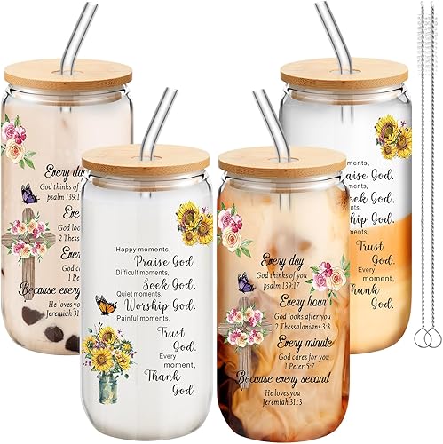 Zhehao 4 piezas de regalos cristianos: vasos de vidrio de 16 oz con tapas y pajitas, tarros de bambú para beber para mujeres disponible en Yaxa Guatemala