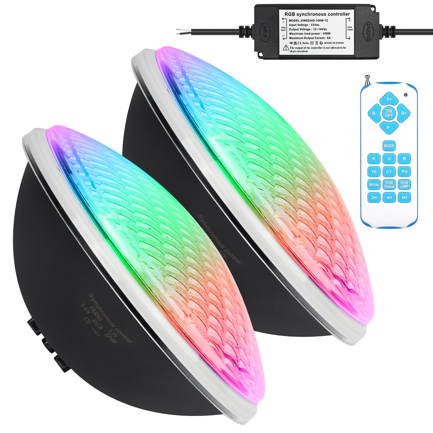 54W LED Poolbeleuchtung PAR56，Timing 2/4/6H IP68 Wasserdichter Pool Lamp, 12V RGB Poolscheinwerfer Externe Synchronisation mit Fernbedienung（2-teilig）