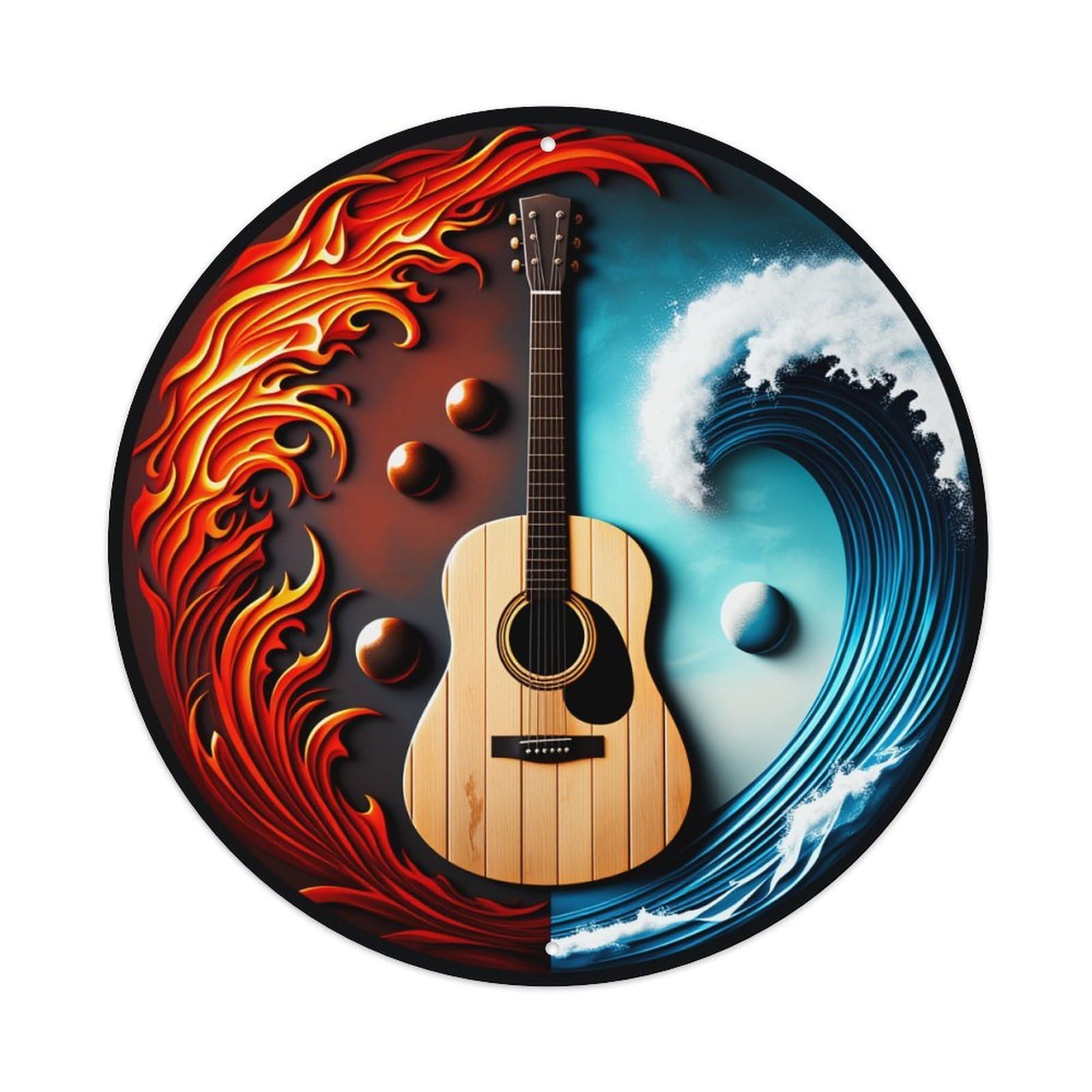 Wmlzdnwr Vintage Fire And Water Yin Yang Guitar Design Round Tin Sign,Retro Wall Art,Metal Poster For Home, Bar, Garage, Cafe, Rustic Indoor & Outdoor Decor, 8X8 Inches