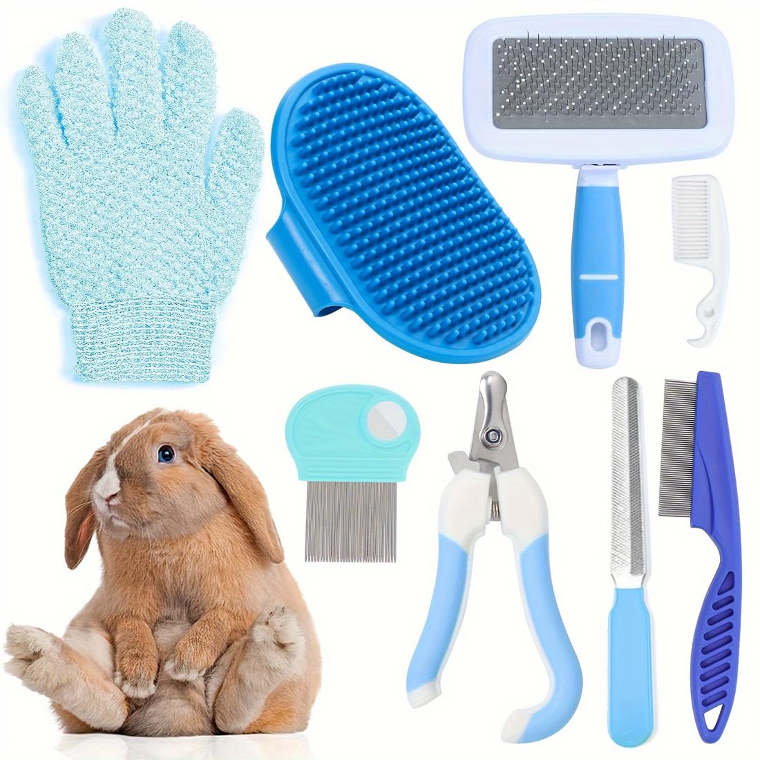 Juego de cuidado para conejos de 8 piezas azul con cortaúñas, cepillo gatos quitapelos, perros corto, baño, guante de masaje, slicker y peine cobayas, cachorros, gatitos y pequeños animales.