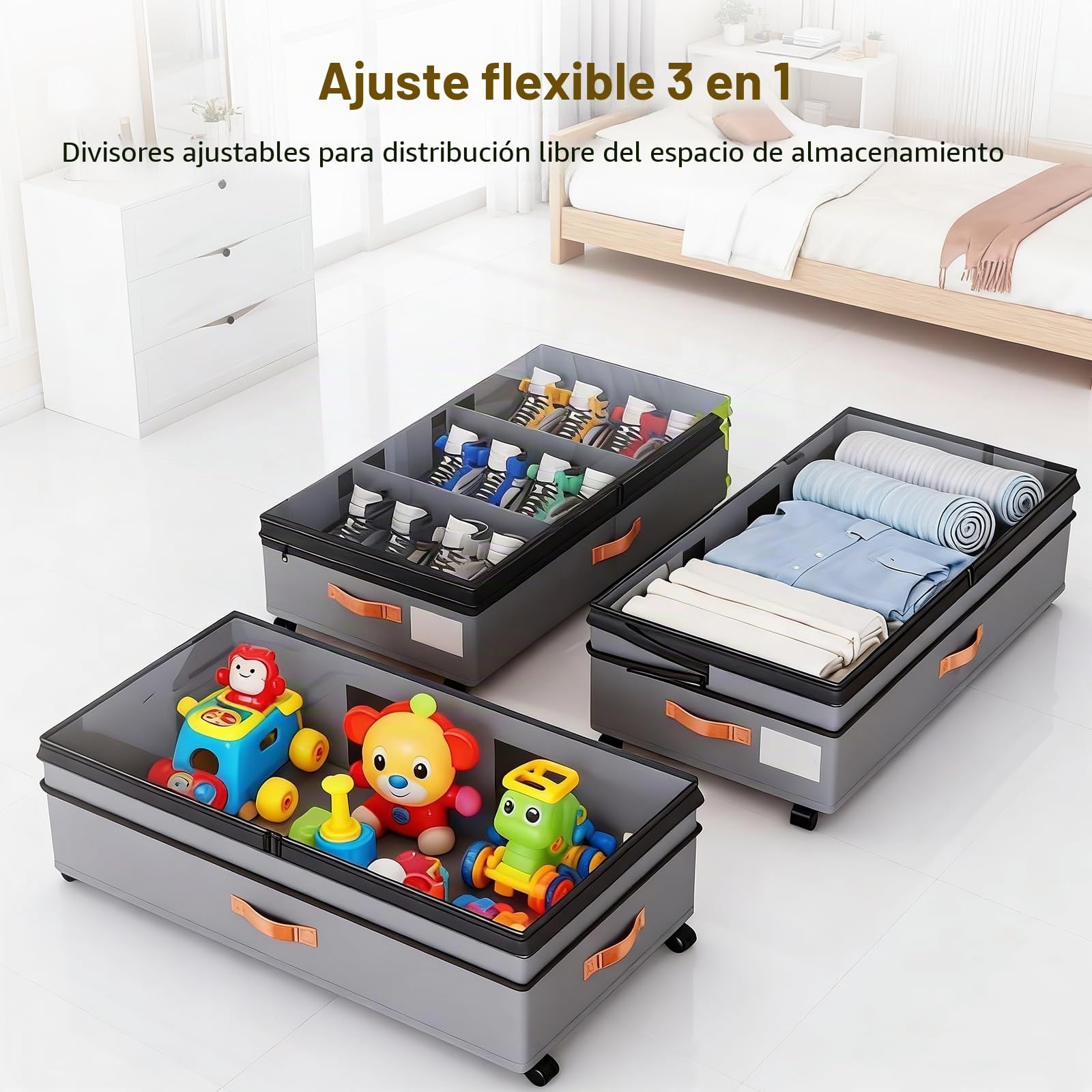 2 Piezas Cajas Almacenaje Ropa Bajo Cama con Ruedas 360°, 72L Gran Capacidad Organizador Zapatos y Mantas, Caja con Tapa Transparente y Asas Reforzadas, Gris