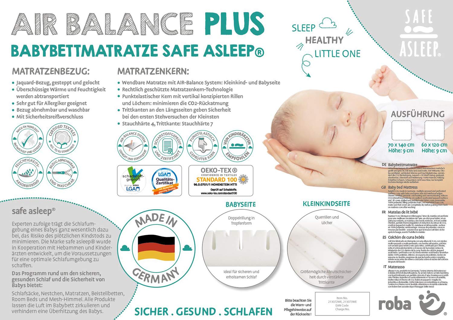 roba Materasso per Lettino safe asleep - Serie Air Balance Plus - 60 x 120 x 9 cm - con Zip - Sfoderabile e Lavabile - Trapuntato e Traspirante - Bianco