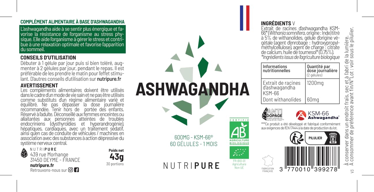 Nutripure | Ashwagandha Bio KSM66® | Plante Adaptogène de l'Ayurvéda | Vegan | Complément Alimentaire Bien-être Intellectuel et Physique | Stress, Anxiété | 60 gélules | 1 Mois | Fabriqué en France