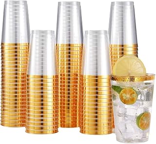 50 Gold Rimmed Plastic Cups |12oz | Disposable Wedding Party Clear Plastic tumblers | Plastic Cocktail Glasses | Plastic Drinking Cups | Clear Plastic Cups with Gold Rim
