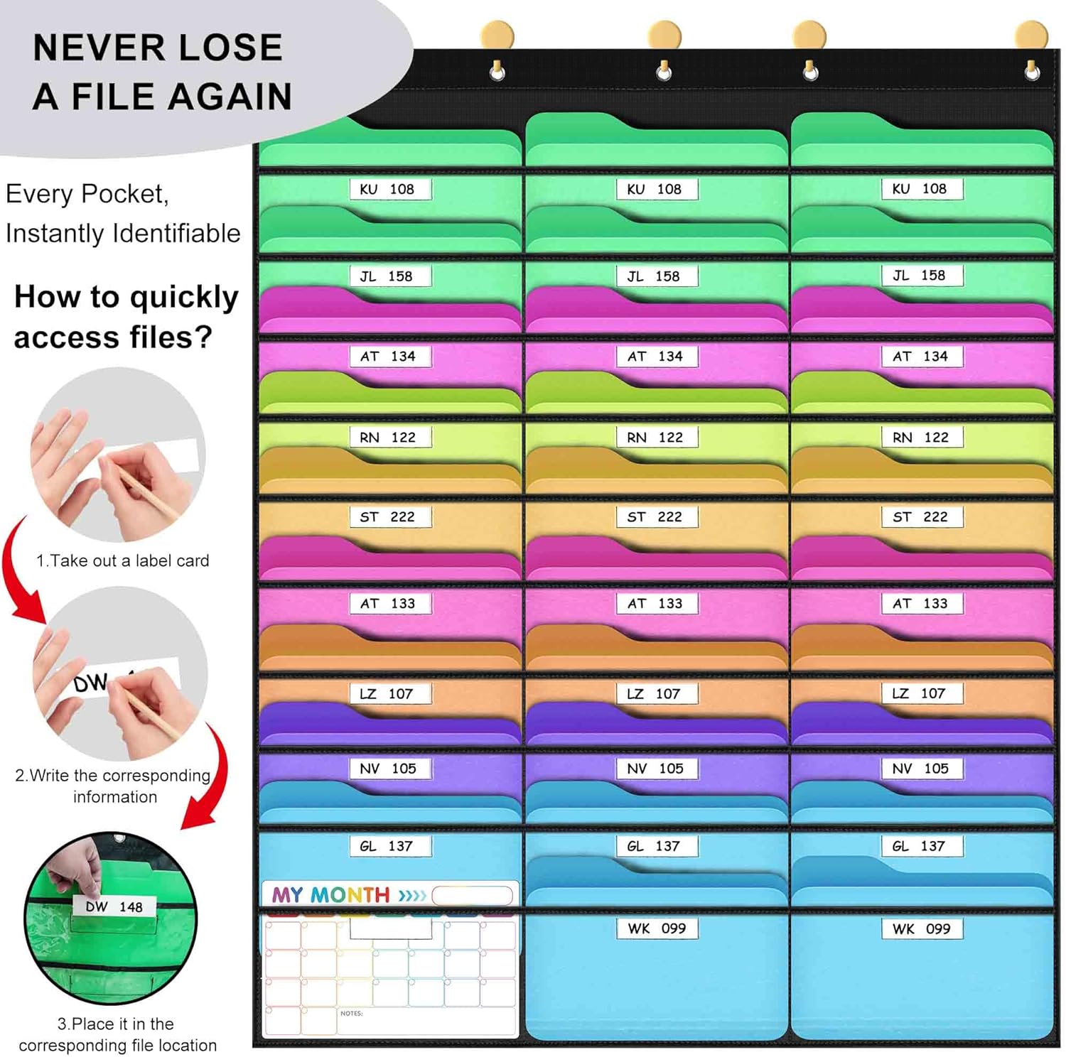 ABCxGOOD 30 Pockets Hanging Wall File Organizer, Transparent Clear Pockets Storage Chart with Over Door Hooks for Office, Classroom & Home, File Folder & Paper Organizer, Includes Labels (30 Pockets)
