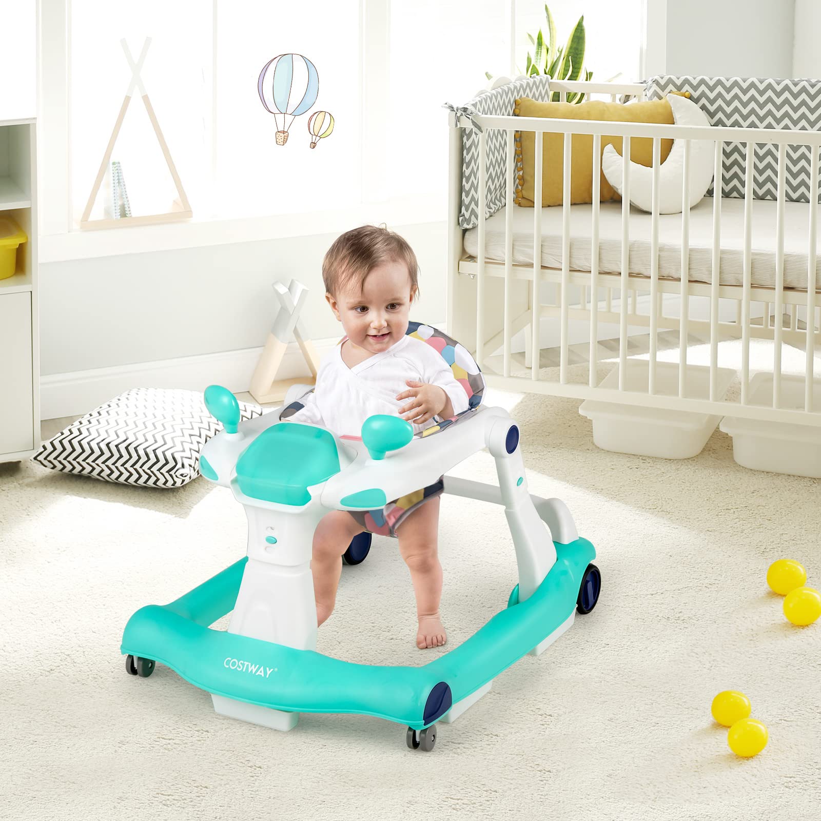 COSTWAY Andador 2 en 1 para Niños, Plegable con Altura y Velocidad Regulables, Carillón con Luces, Volante y Cojín Cómodo, de Empuje para Niños de 6 a 18 Meses