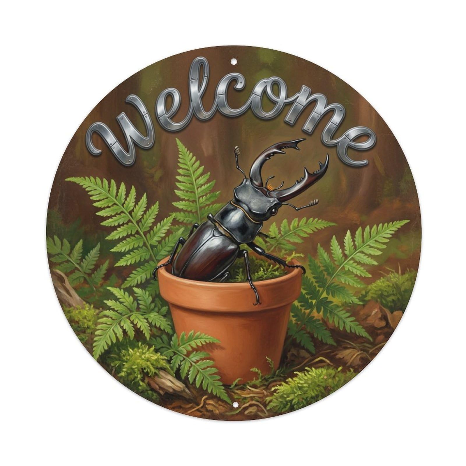 Welcome Beetle Fern Forest Metal Tin Sign