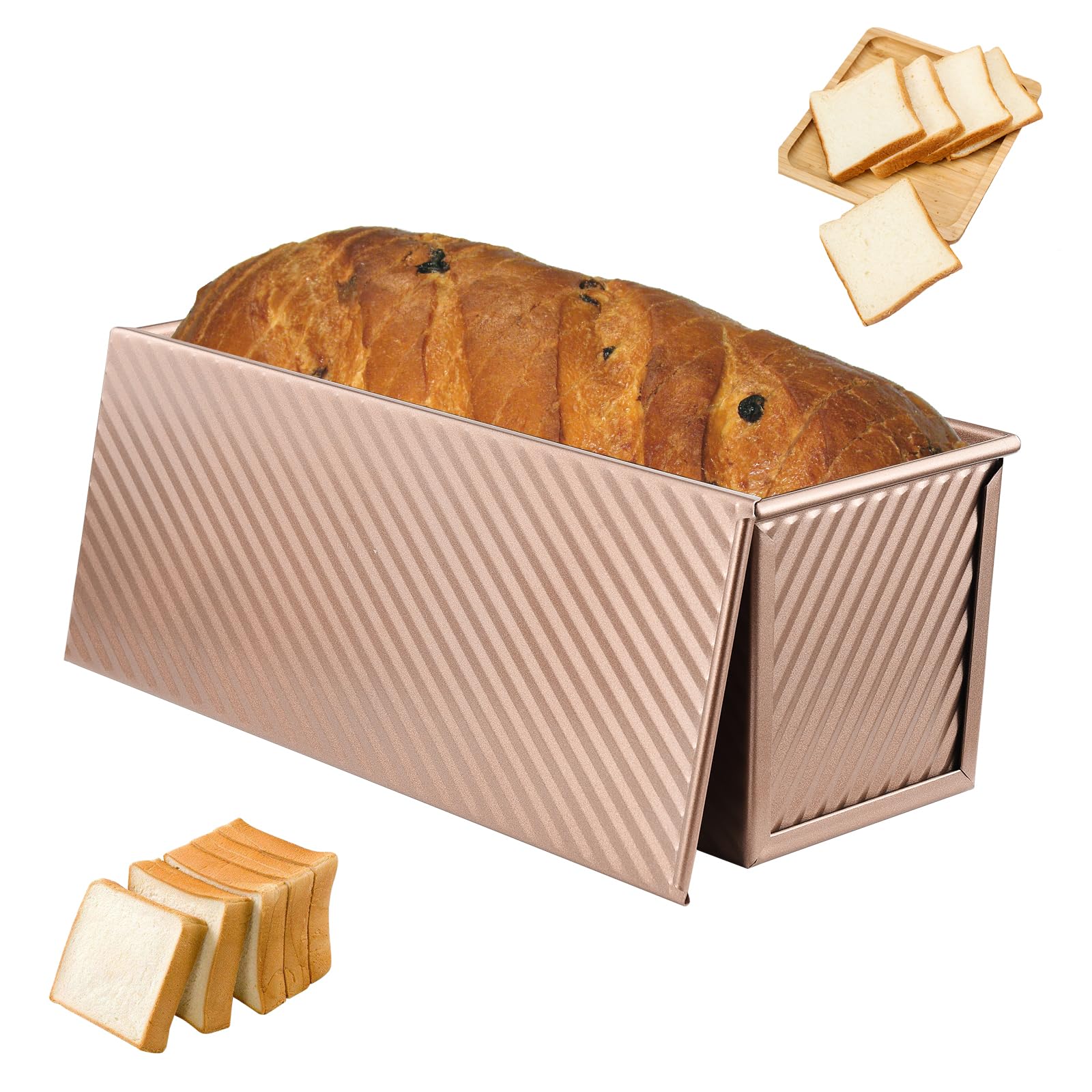 Stampo Pane in Cassetta con Coperchio,Impasto da 1000 g (2,2 Libbre),Teglia per Pane in Acciaio Al Carbonio Color oro Rosa,Pane in Cassetta con Fori di Ventilazione per Pane, Toast e Torte