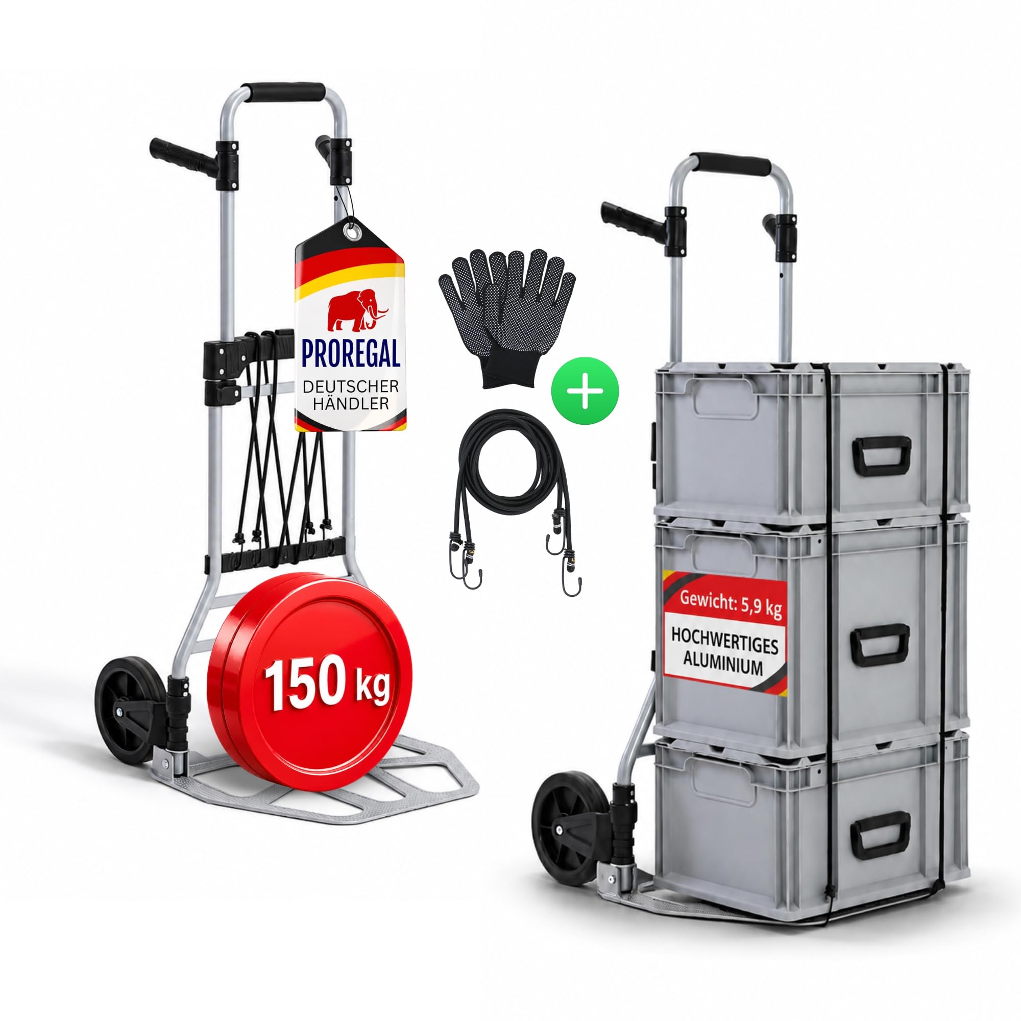 PROREGAL Diable Pliable Elephant | HxLxP 115x50x53cm | Capacité de Charge 150kg | Cadre en Aluminium, poignées ergonomiques, Roues en Caoutchouc TRR | Argent